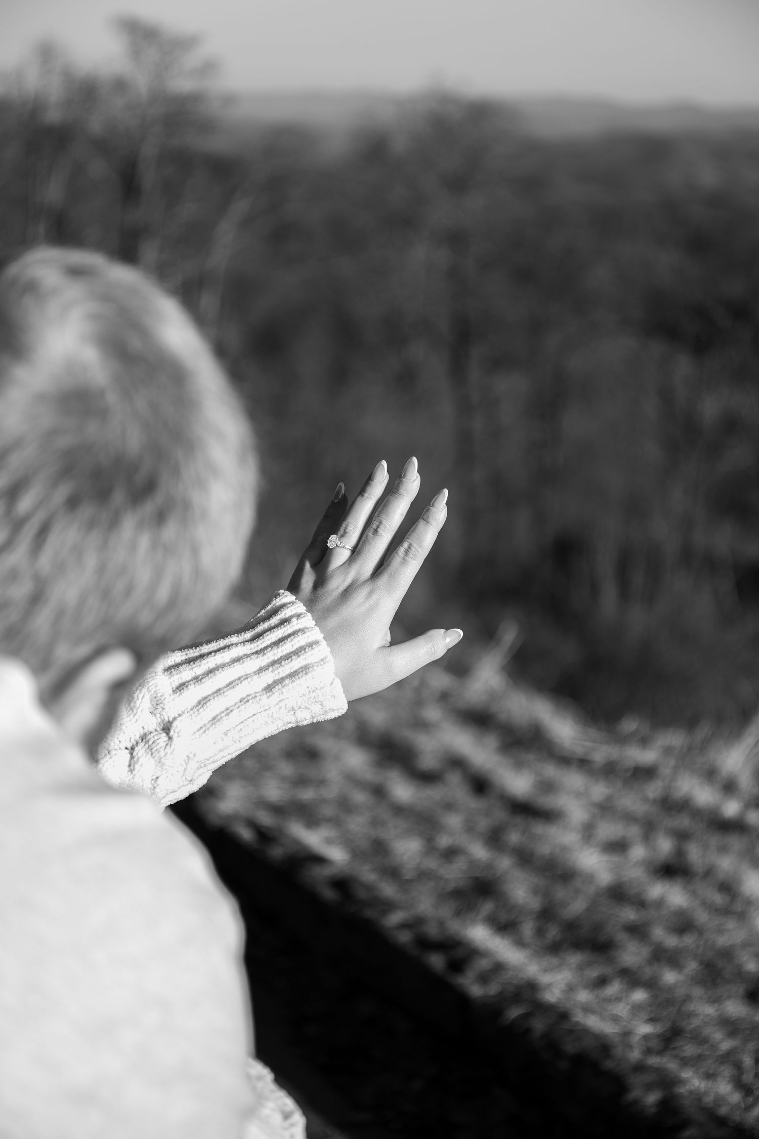 A sequence of black and white photos showing a hand reaching out towards plowed agricultural fields.