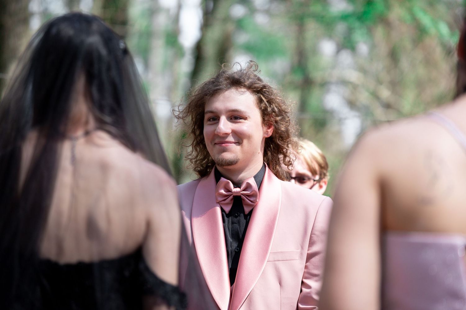 A series of candid moments at a wedding celebration with people in formal attire against a blurred outdoor background.