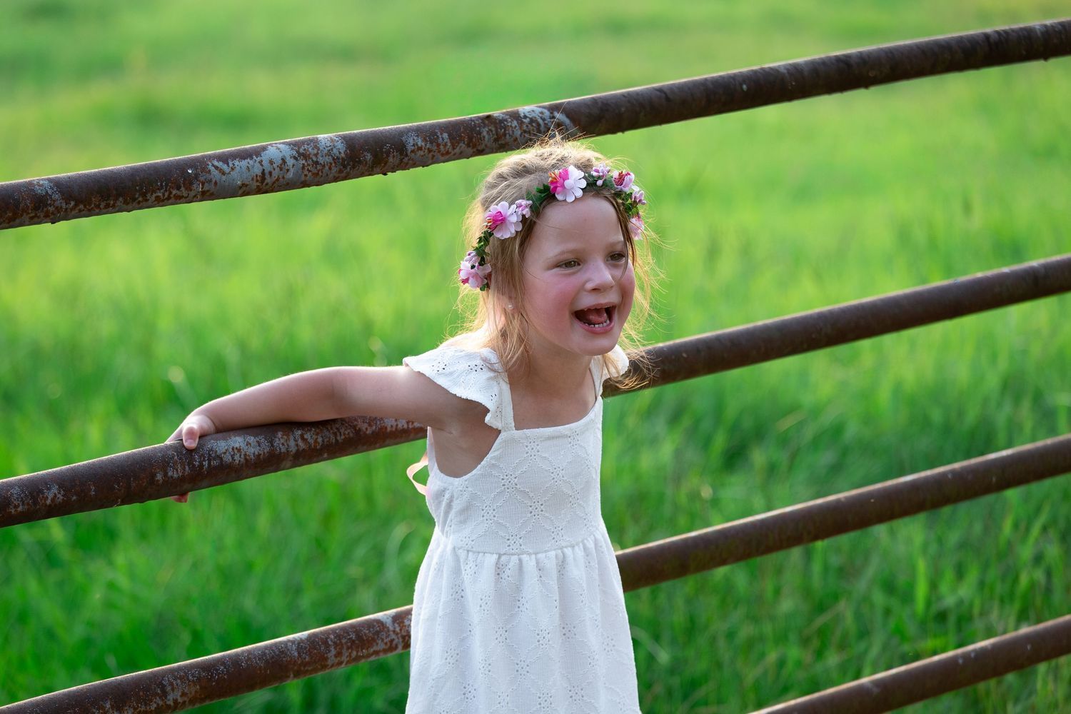 A laughing little girl in a white dress and a pink floral flower crown leans on a rustic metal fence in a sunny green grassy field.