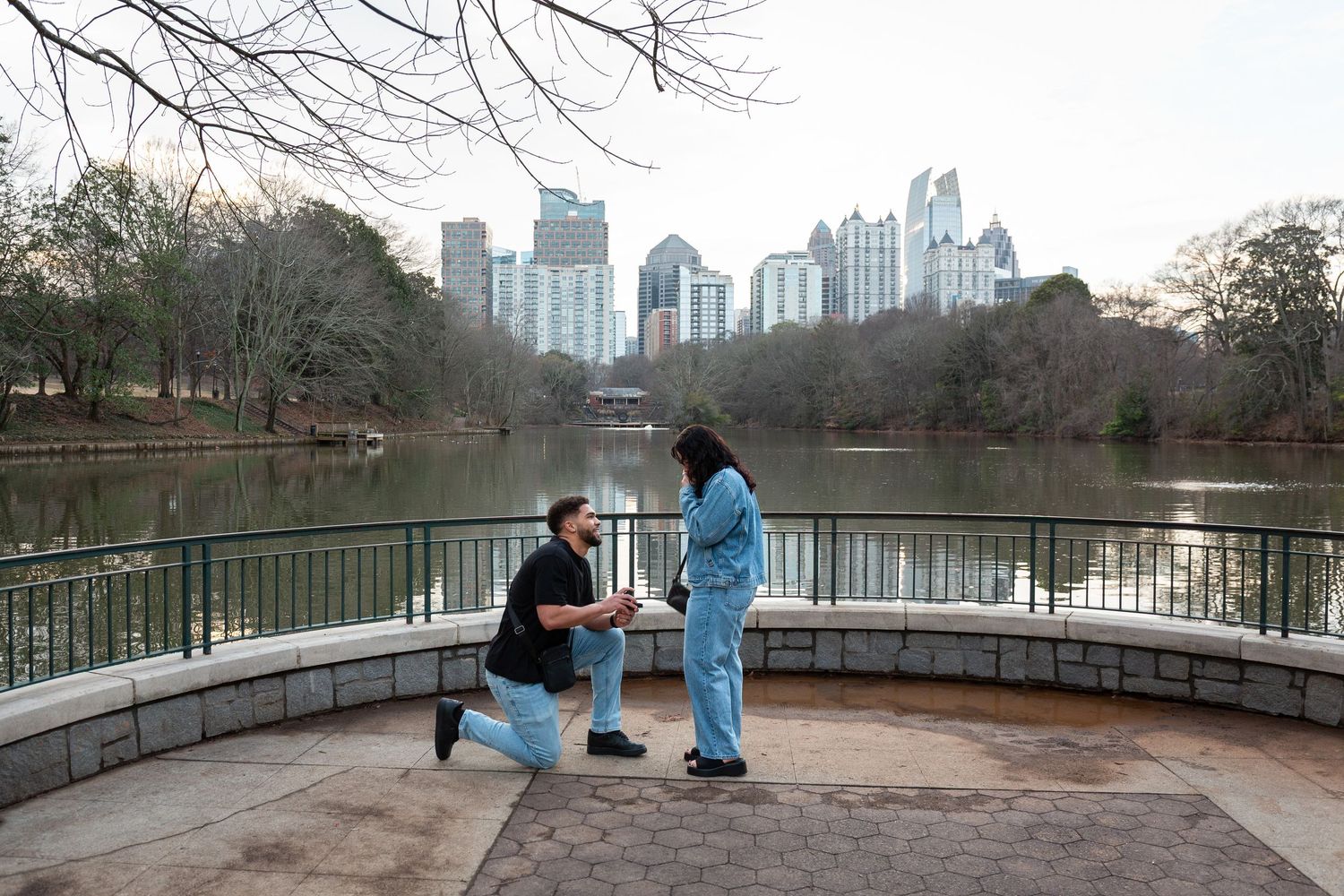 A series of connected photos showing Piedmont Park in Atlanta with Lake Clara Meer and city skyline views.