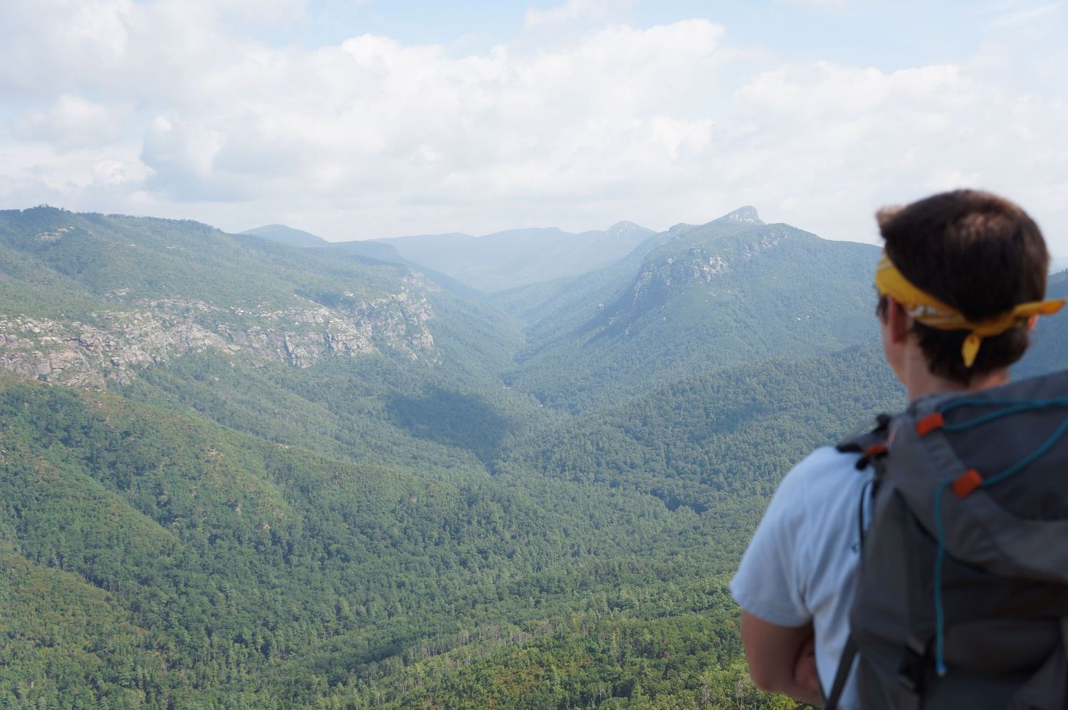Hiker with backpack overlooking a lush green mountain valley on a cloudy day.