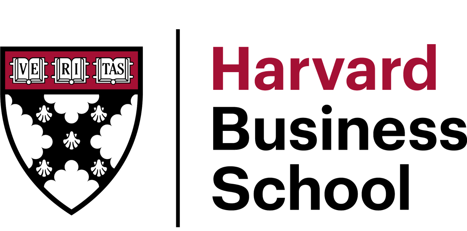 Harvard Business School logo and shield emblem in red and black.