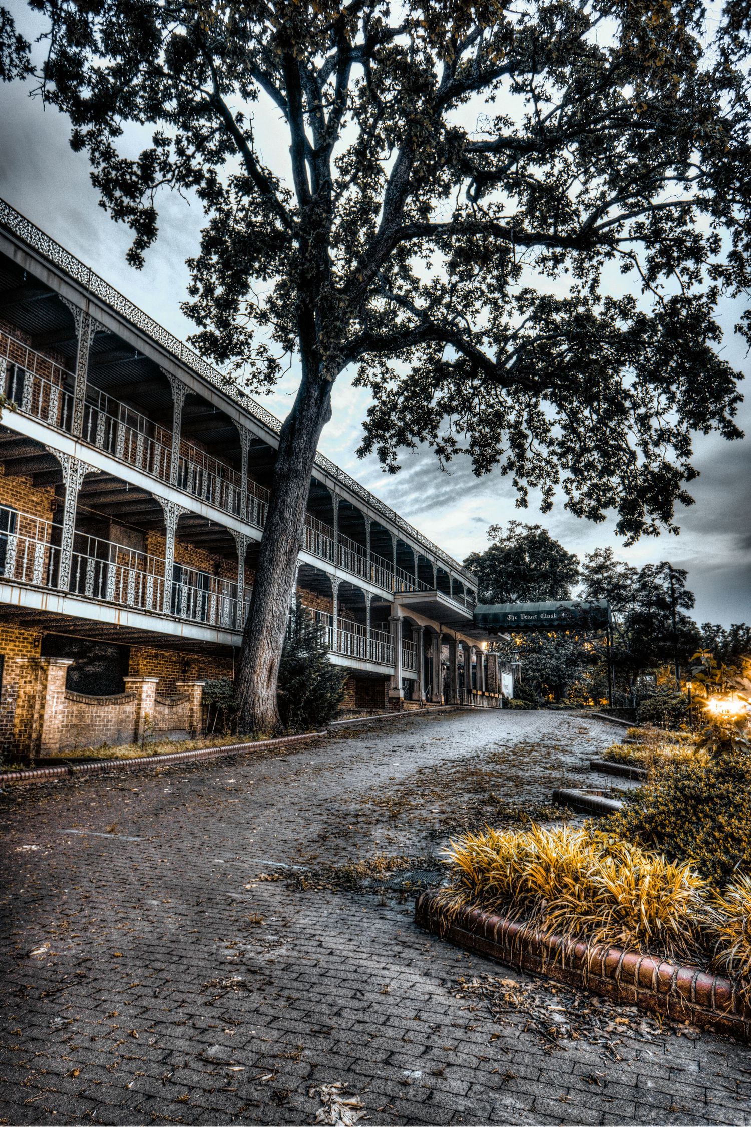 Historic two-story brick building with wraparound balconies along a cobblestone path beneath a large oak tree at dusk.