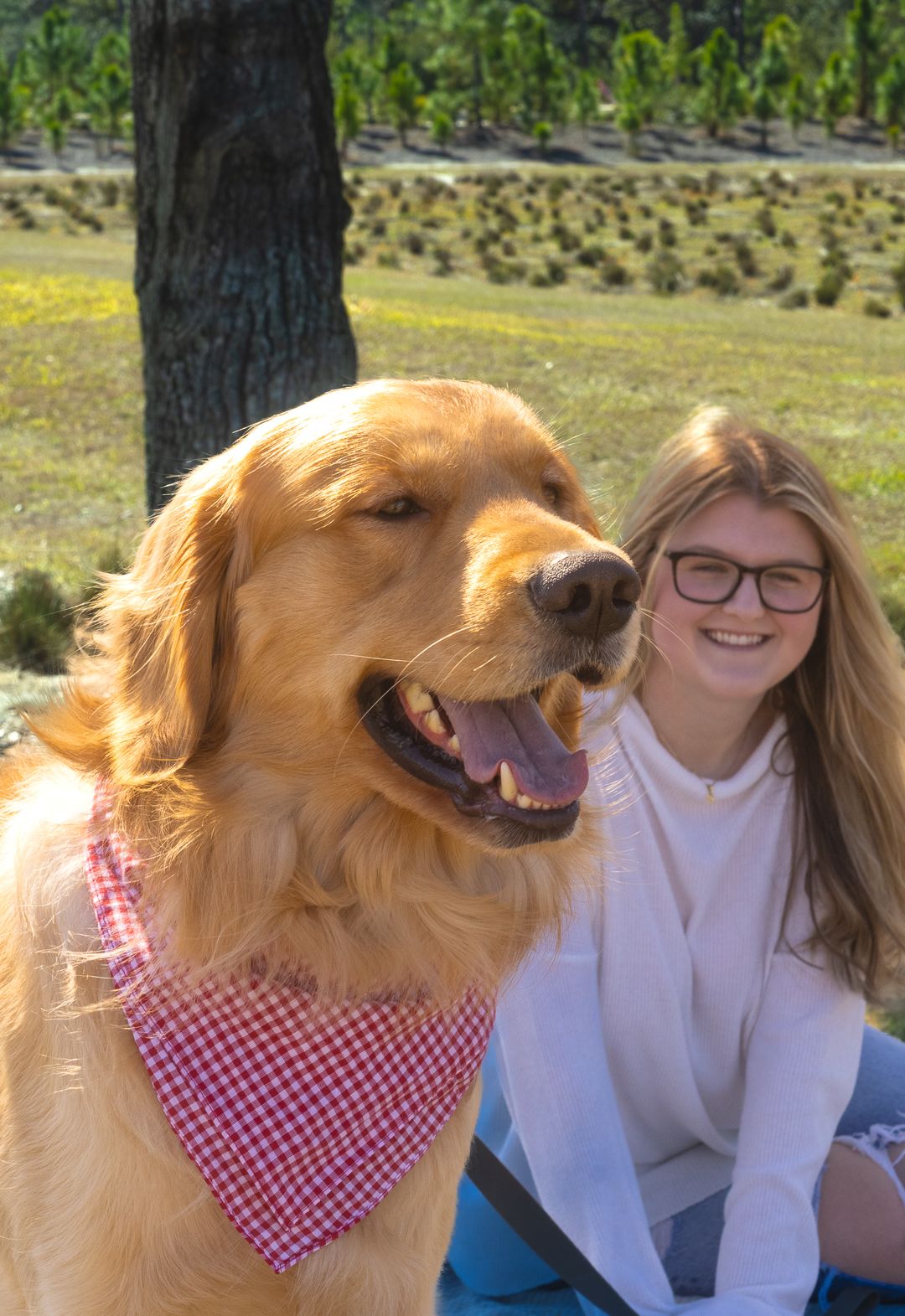 Happy Golden Retriever with pink bandana yawning beside a smiling blonde girl outdoors.