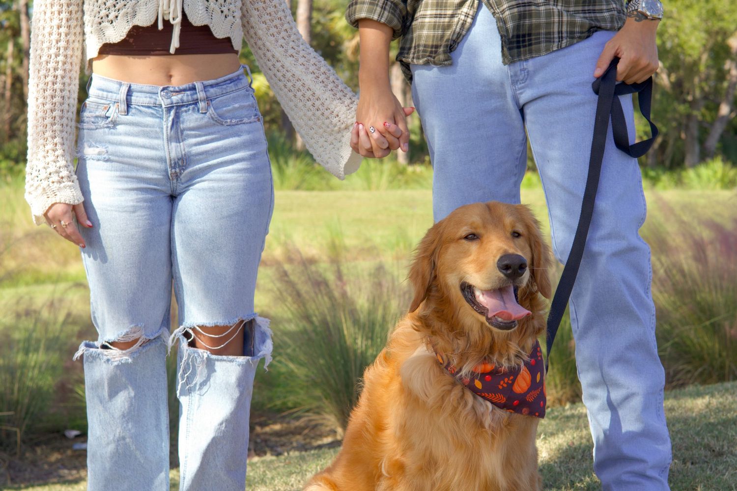 Couple holding hands with golden retriever wearing bandana on leash outdoors.