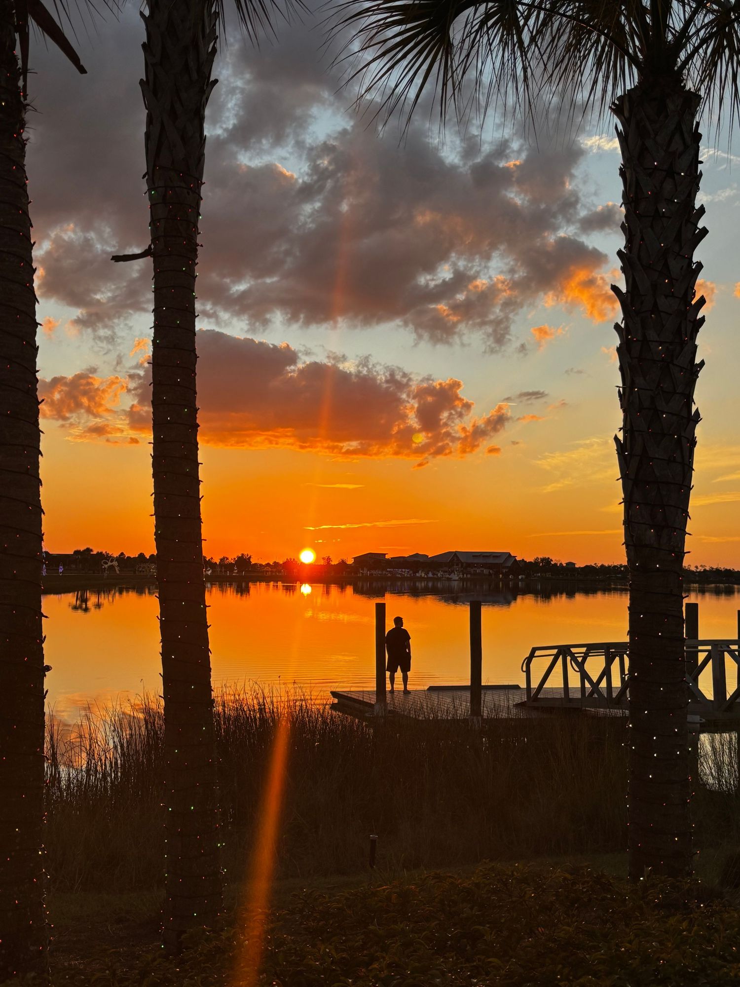 Silhouette of a person on a dock between palm trees at a vibrant orange sunset over a calm lake.