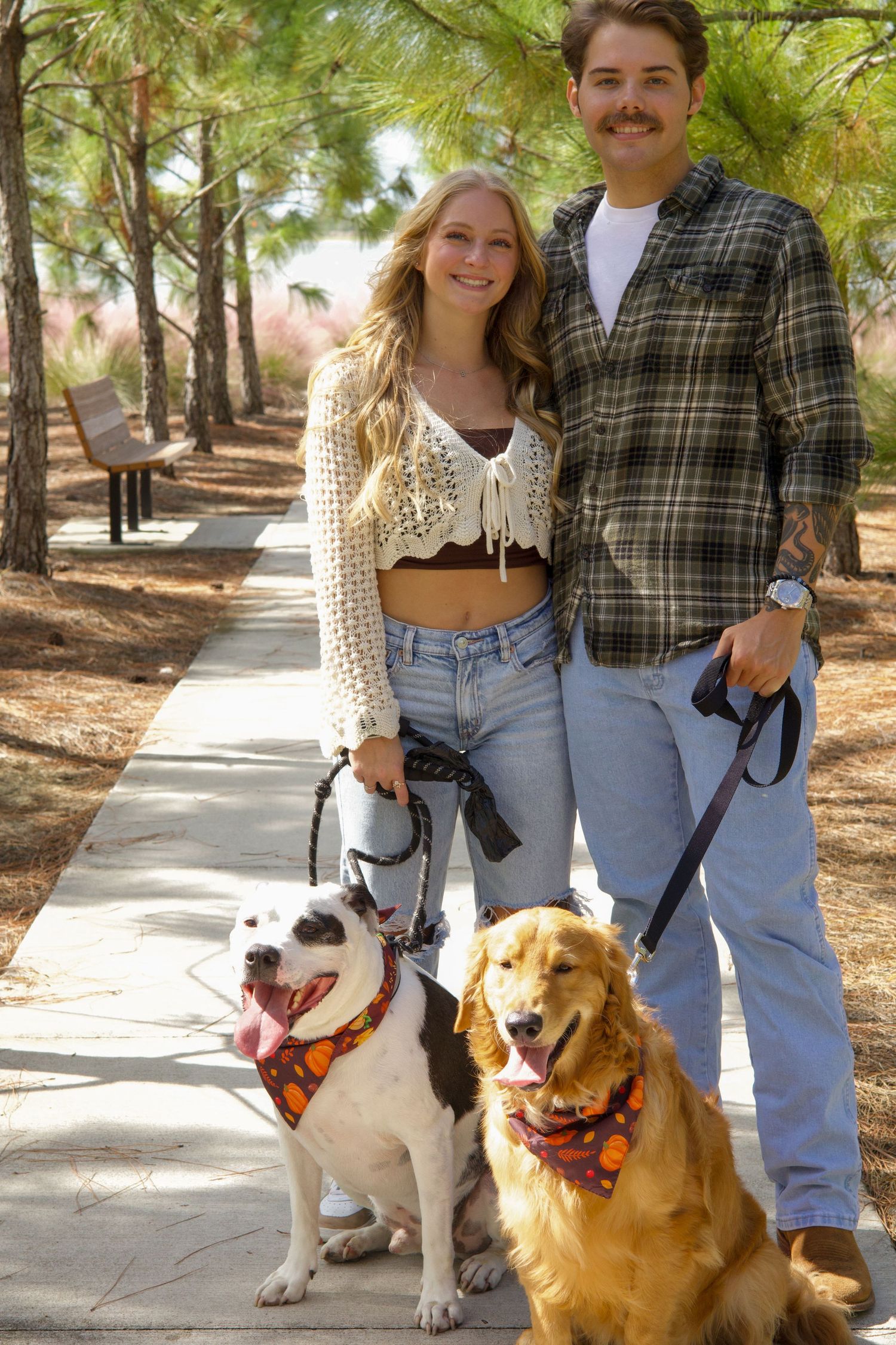 Smiling couple walking two dogs on leashes along pine tree lined path.