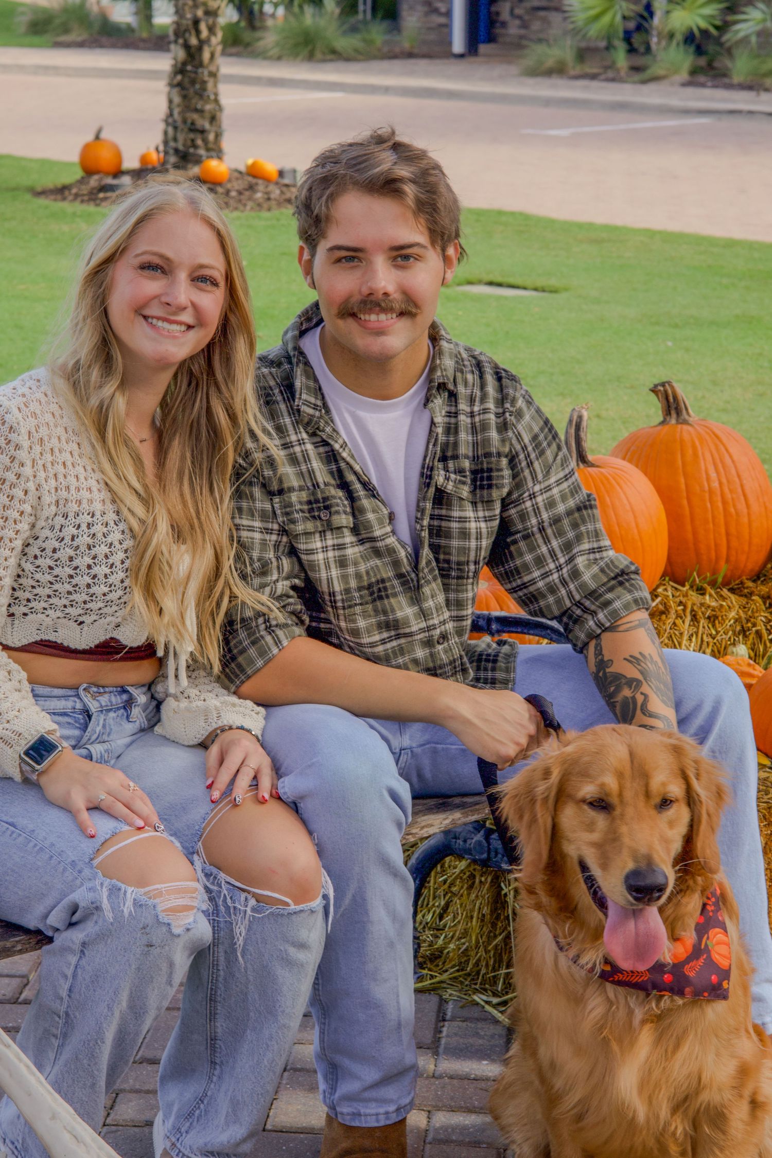 Smiling couple sitting on hay bale with golden retriever at fall pumpkin display.