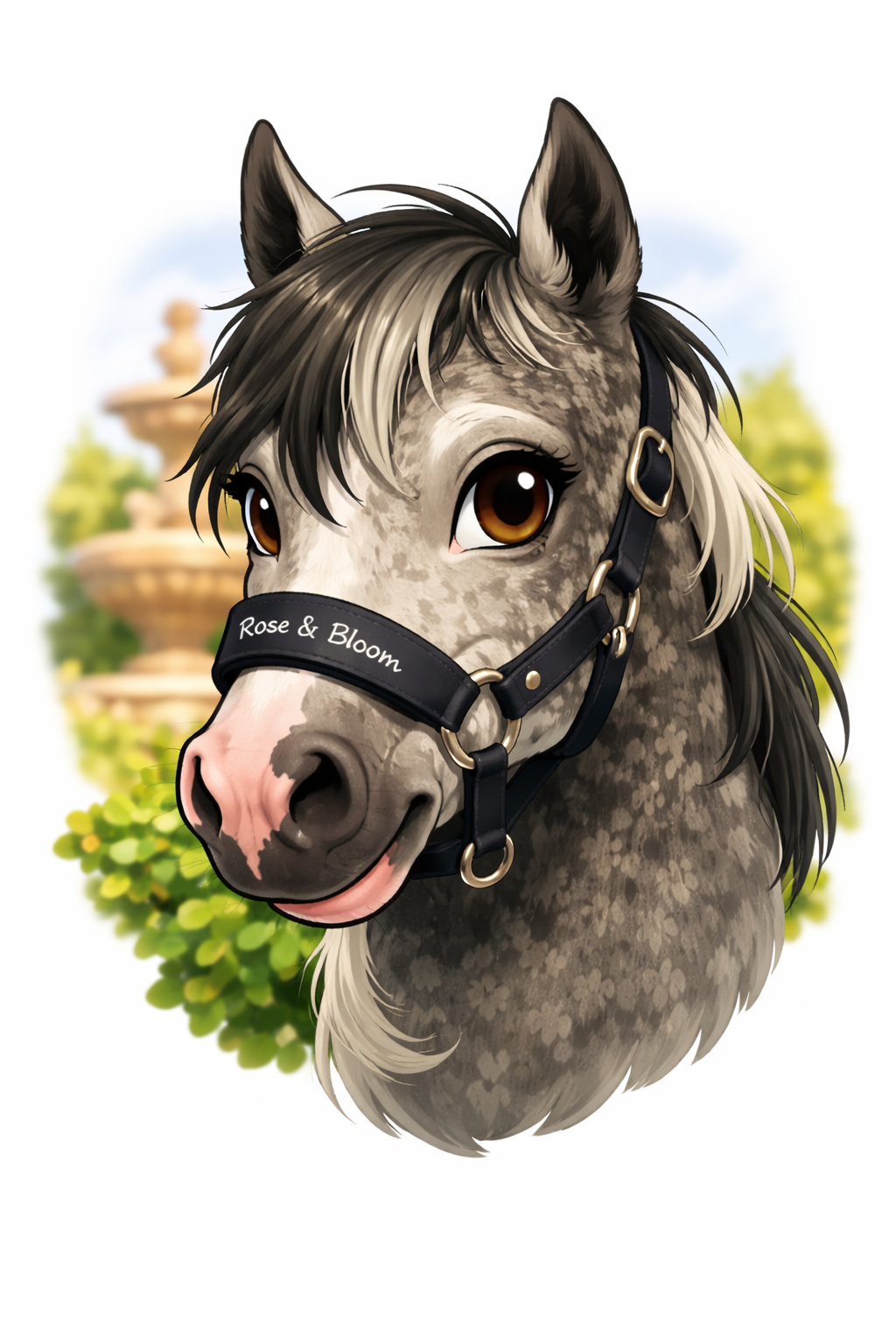 Anime-style dapple grey pony portrait wearing a black halter with Rose & Bloom text.