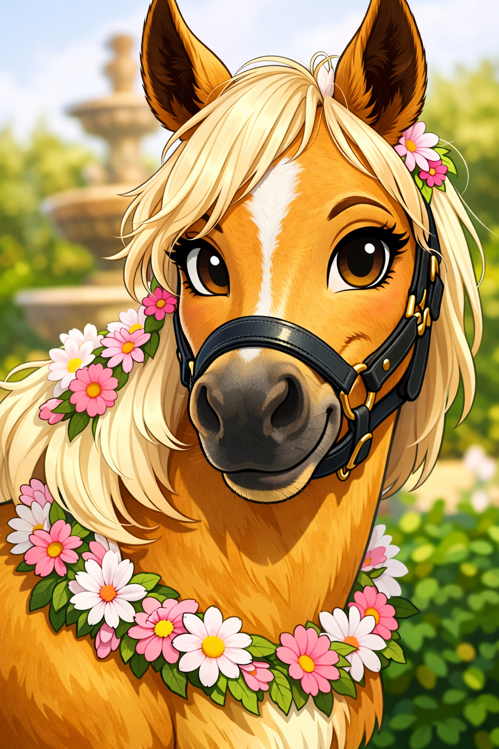 Cute cartoon pony with blonde mane, floral lei and halter in a sunny garden setting.