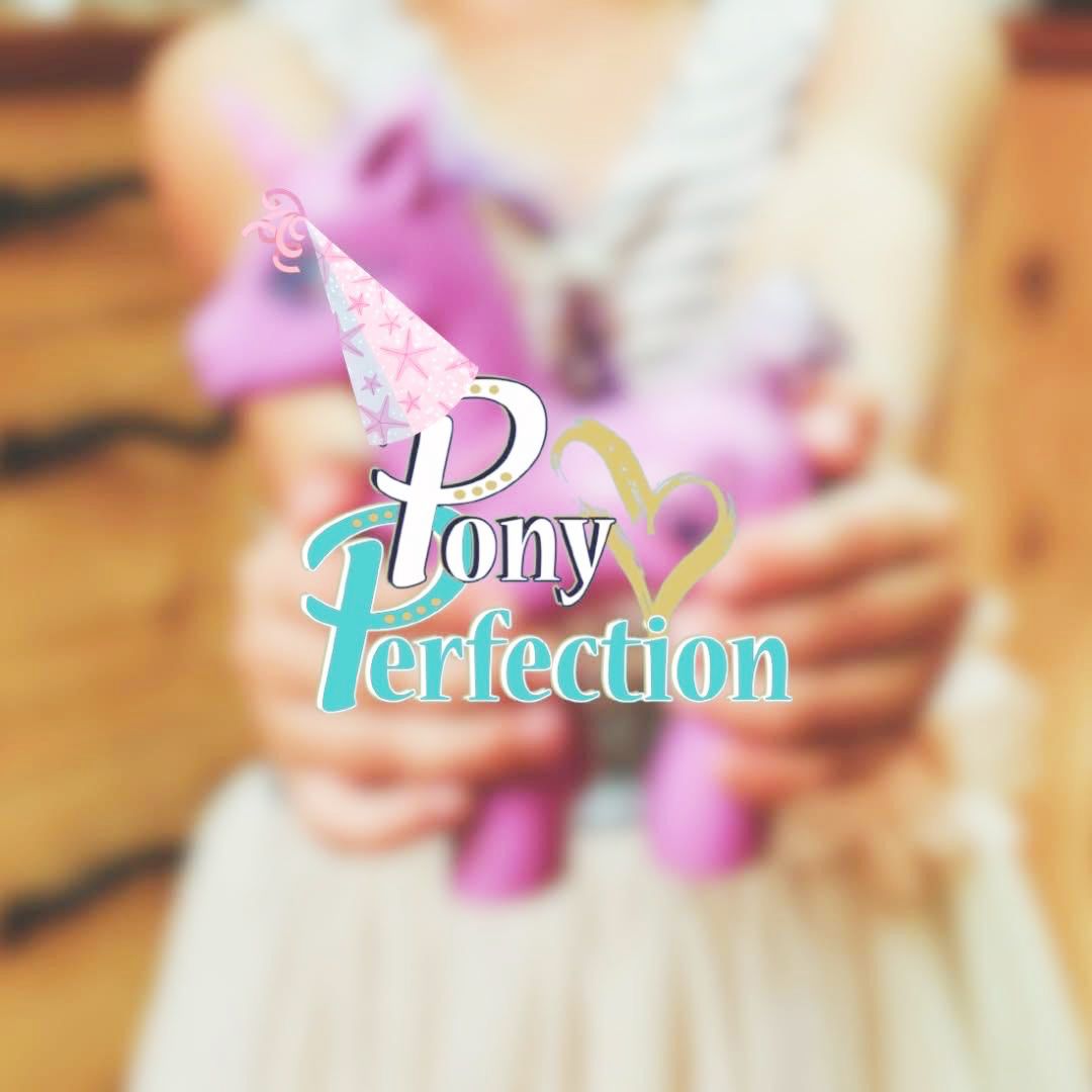 Child holding a pink toy unicorn figurine with Pony Perfection logo overlay.