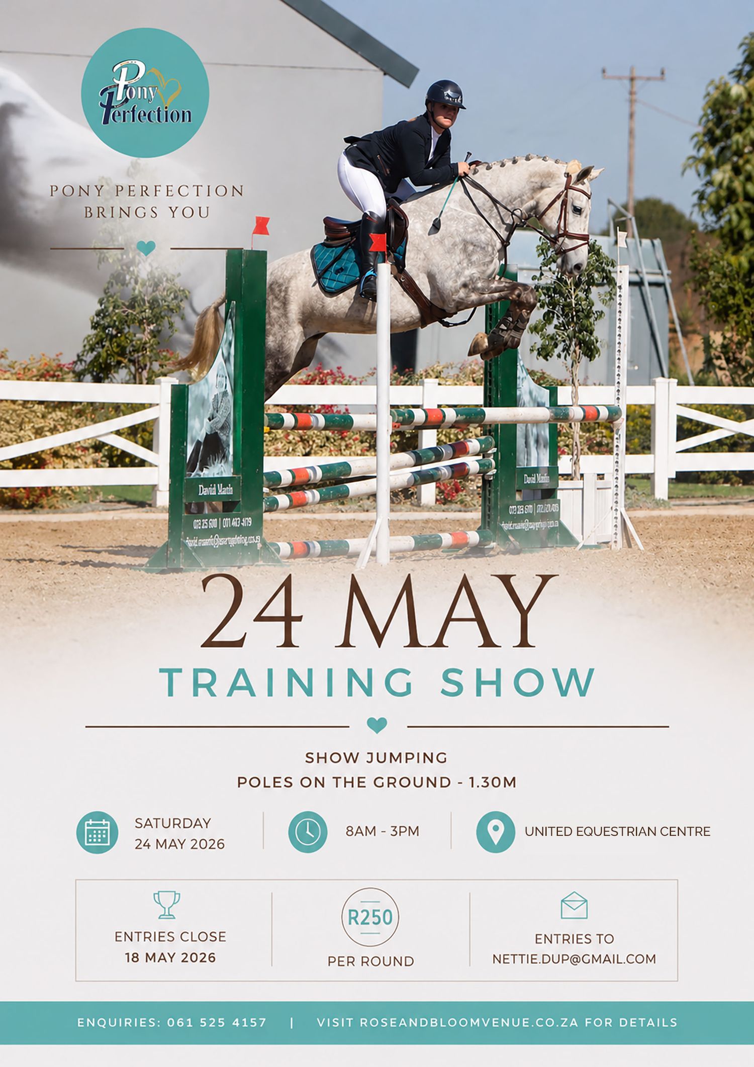 Pony Perfection Training Show flyer for show jumping event on 24 May at United Equestrian Centre.