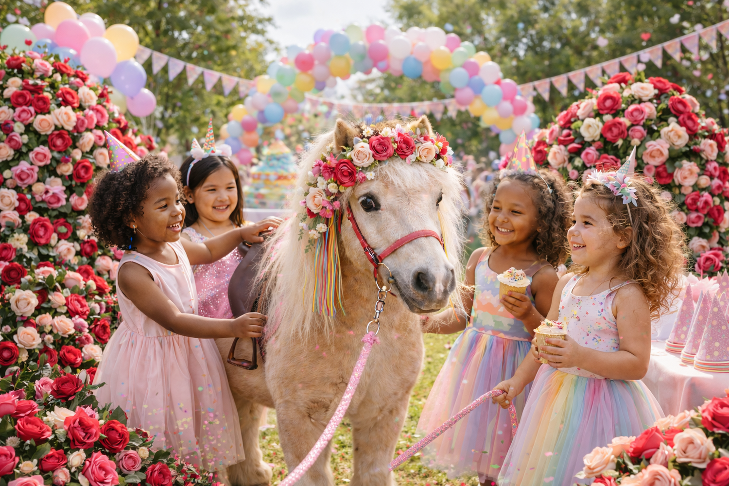 Three young girls in colorful dresses petting a decorated pony at a unicorn birthday party.