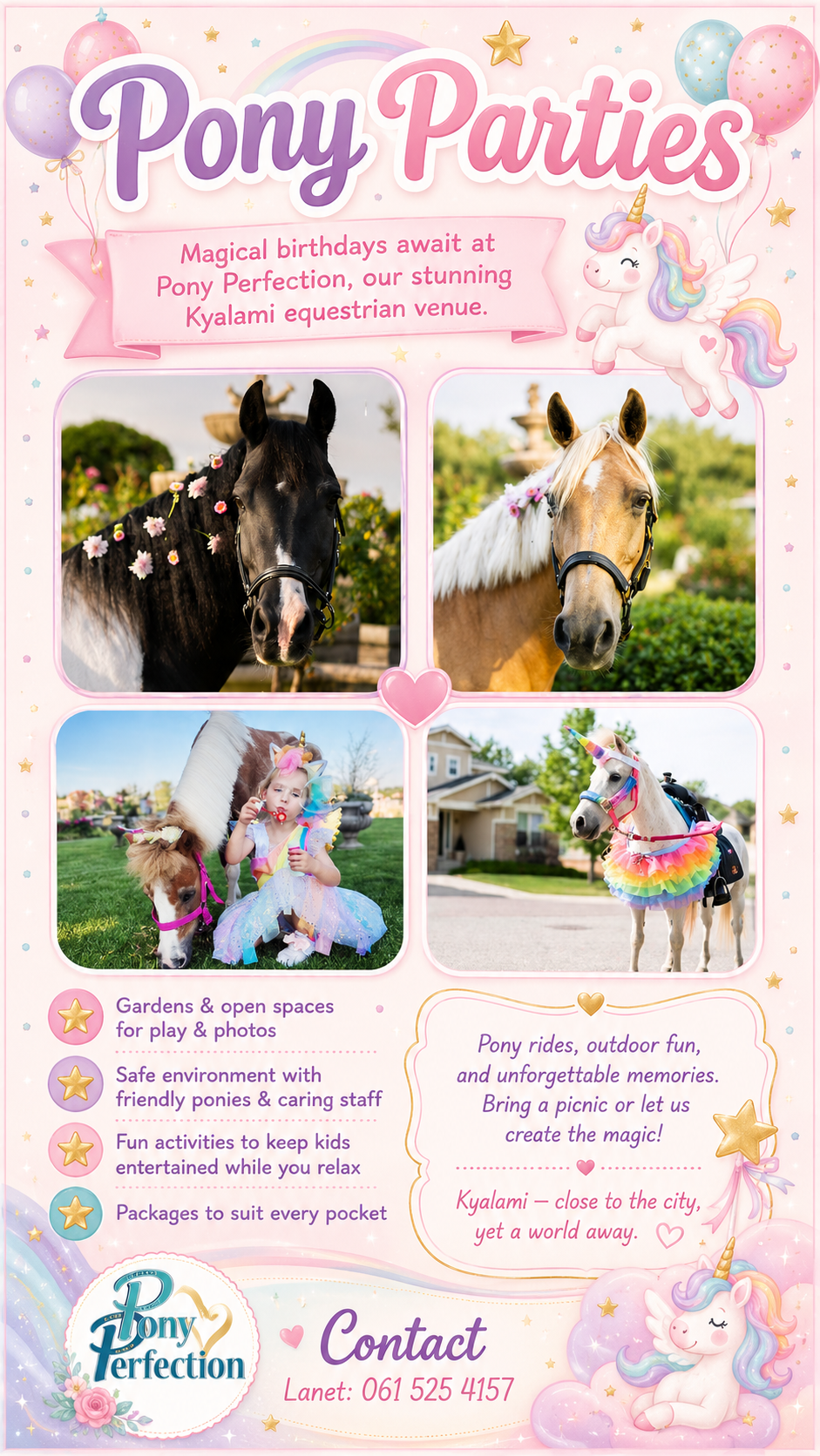 Pony Perfection Pony Parties flyer advertising magical birthday experiences at Kyalami equestrian venue.