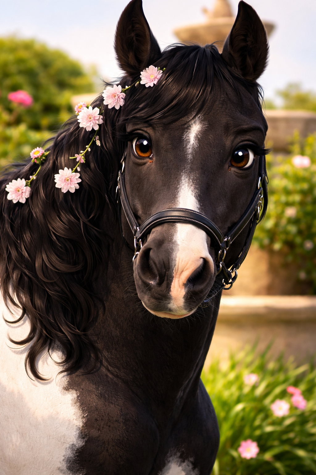 Digital art of black mini horse with pink flowers in mane near garden fountain.