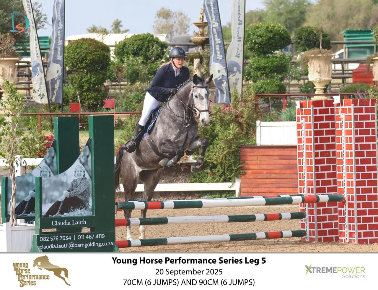 Dark grey horse and rider jumping at Young Horse Performance Series Leg 5 show jumping event.