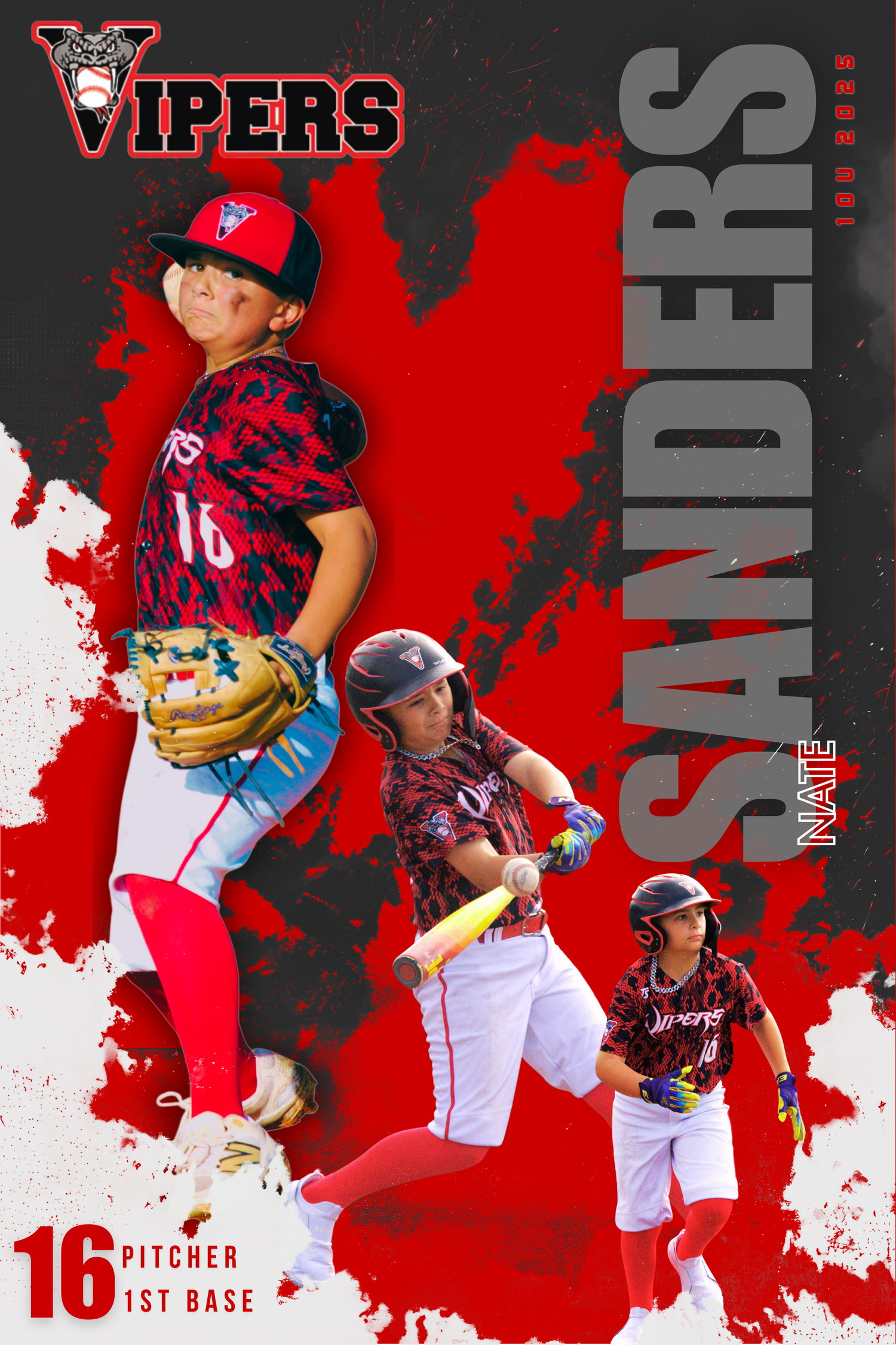 Baseball team poster design featuring Vipers players in red uniforms against dramatic red background.