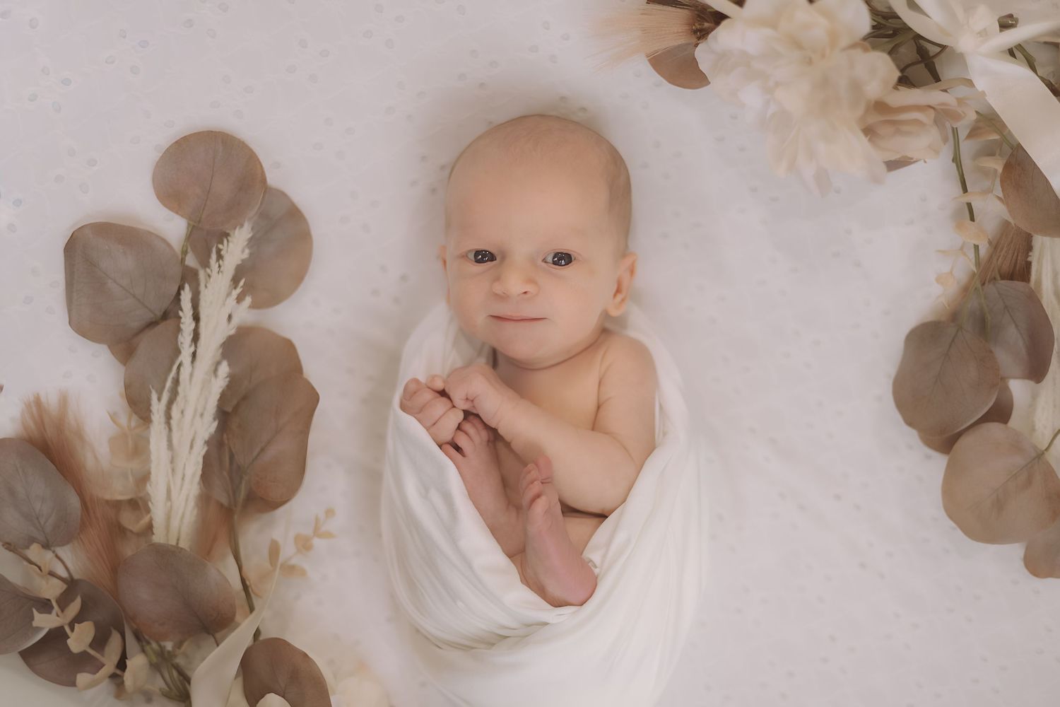 Newborn baby wrapped in white swaddle surrounded by dried eucalyptus leaves in a professional studio photo.