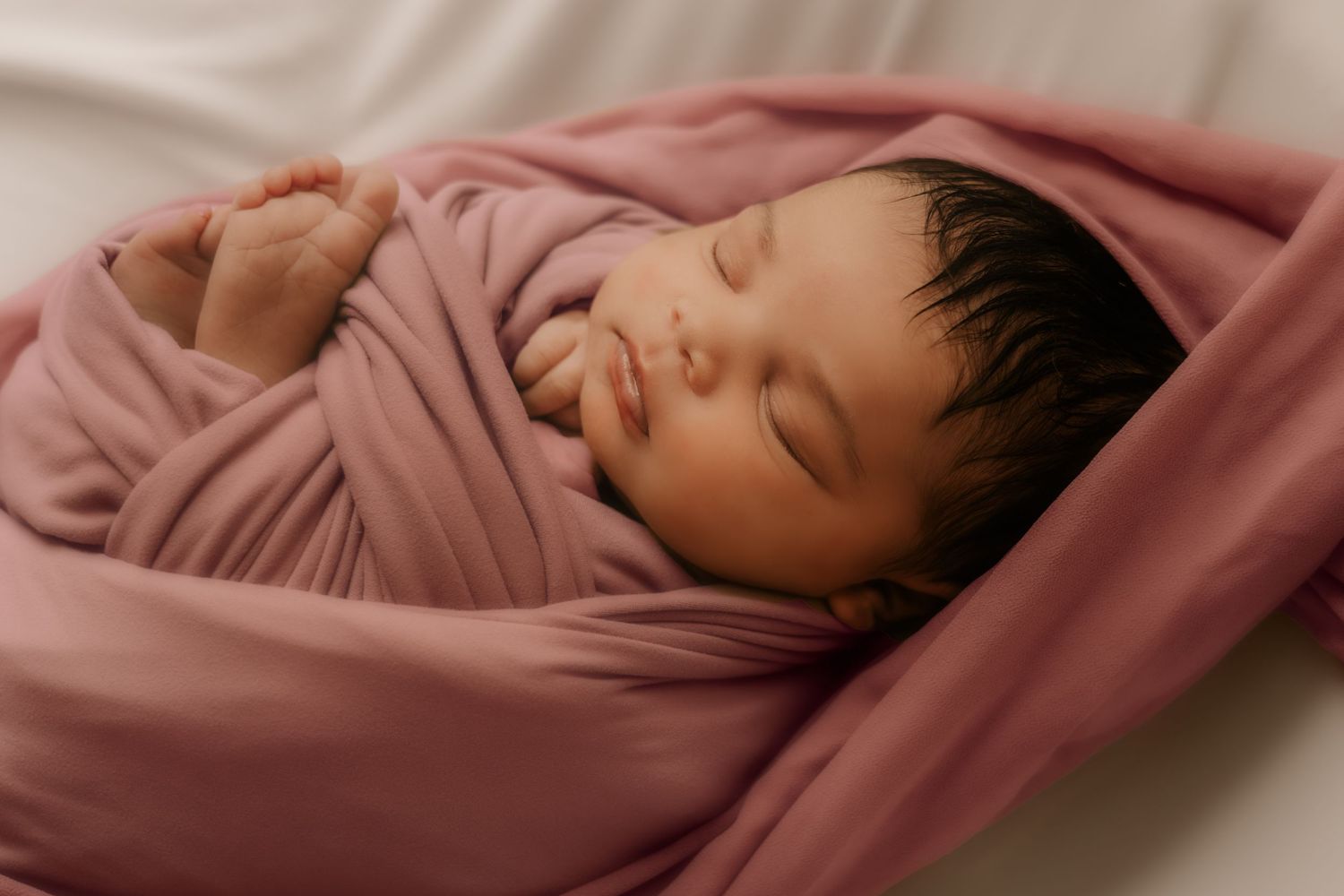Sleeping newborn baby with dark hair swaddled in a dusty pink wrap on white background.