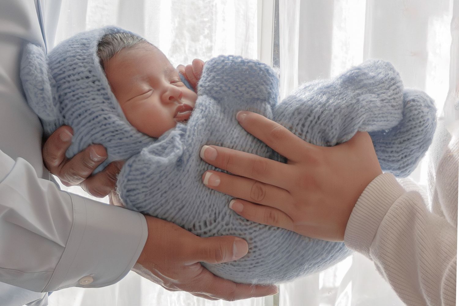 Sleeping newborn dressed in soft blue knit bear outfit cradled gently in parents hands near a bright window.