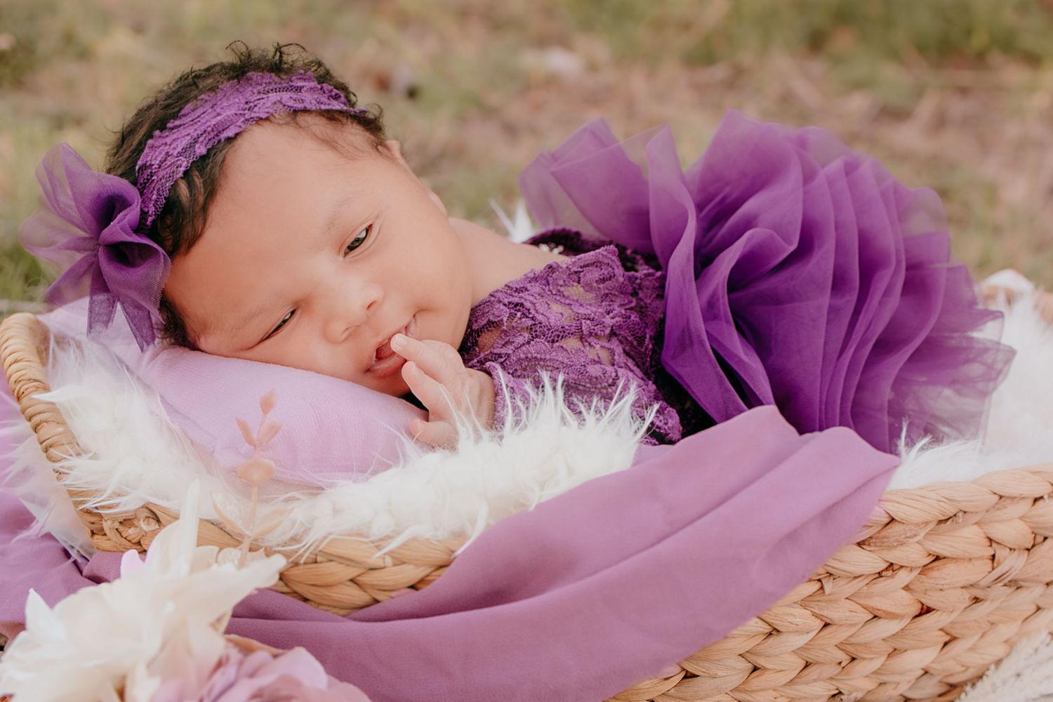 Newborn baby in a purple ruffle dress with a bow headband, resting in a wicker basket.