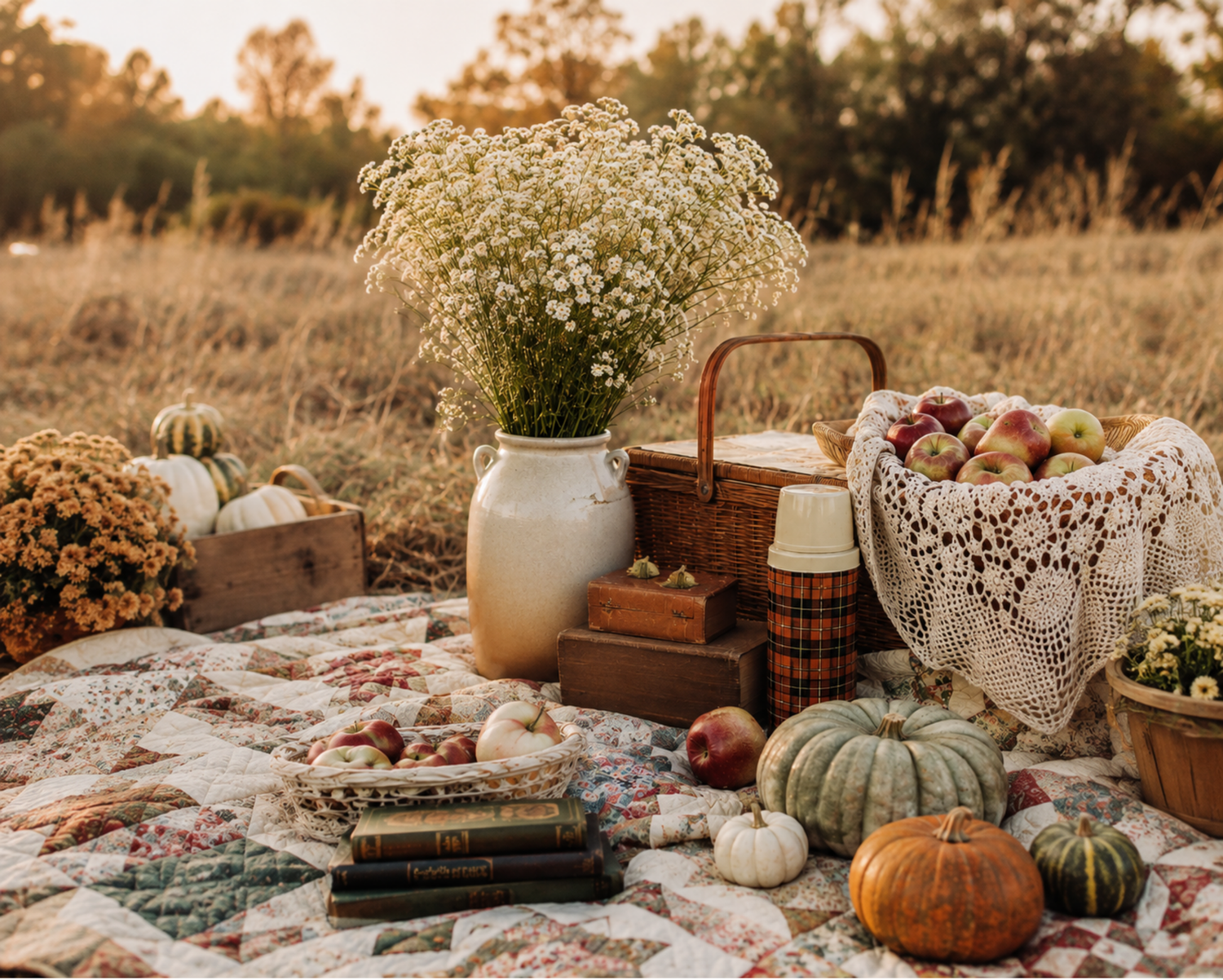 Autumn picnic spread on a floral quilt with pumpkins, apples, wildflowers, and a wicker basket in a golden field.