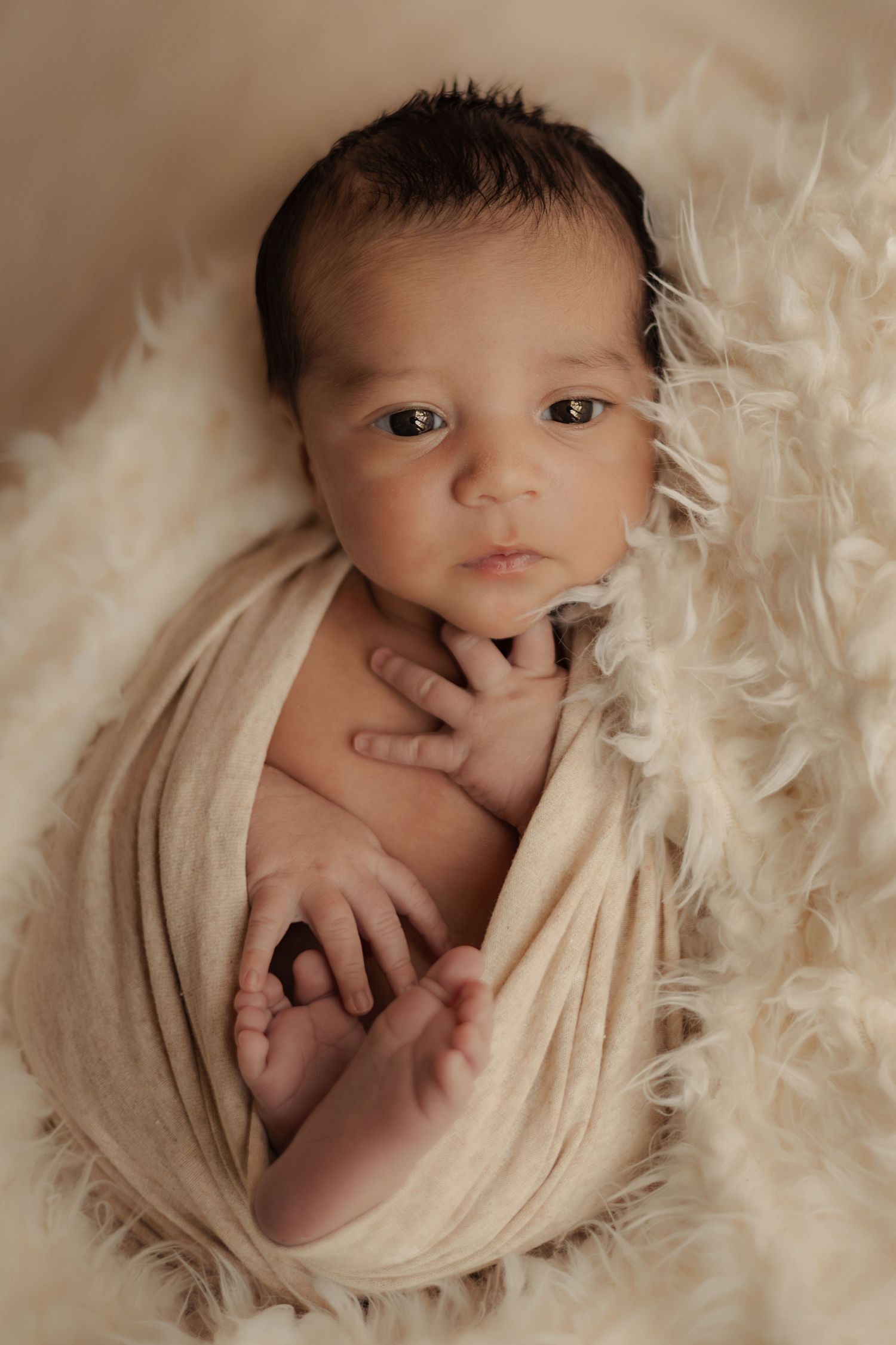 Newborn baby wrapped in beige swaddle cloth lying on fluffy white fur blanket, looking at camera.
