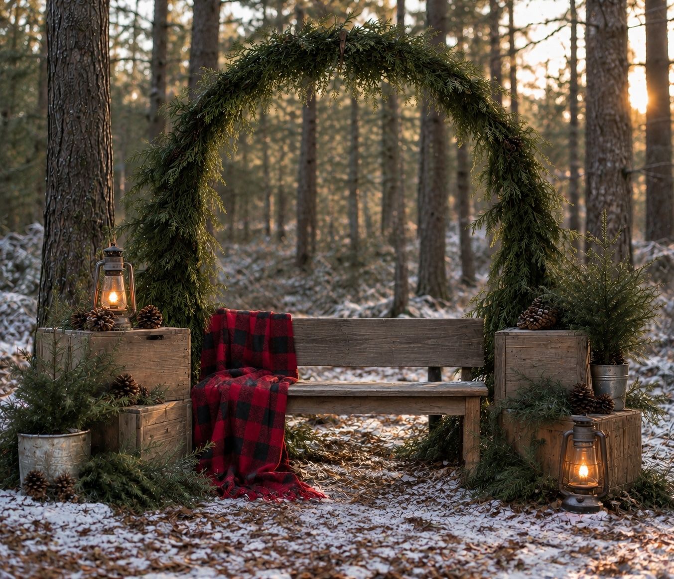 Rustic wooden bench with red plaid blanket under evergreen wreath arch in snowy forest with glowing lanterns.