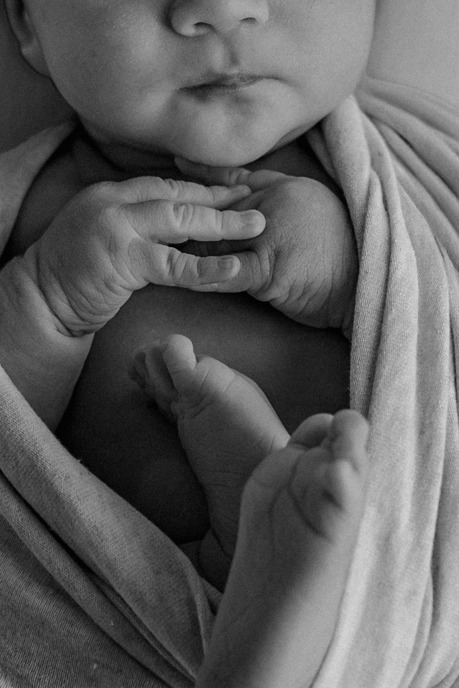Black and white close-up of a swaddled newborns tiny hands and feet near their chin.