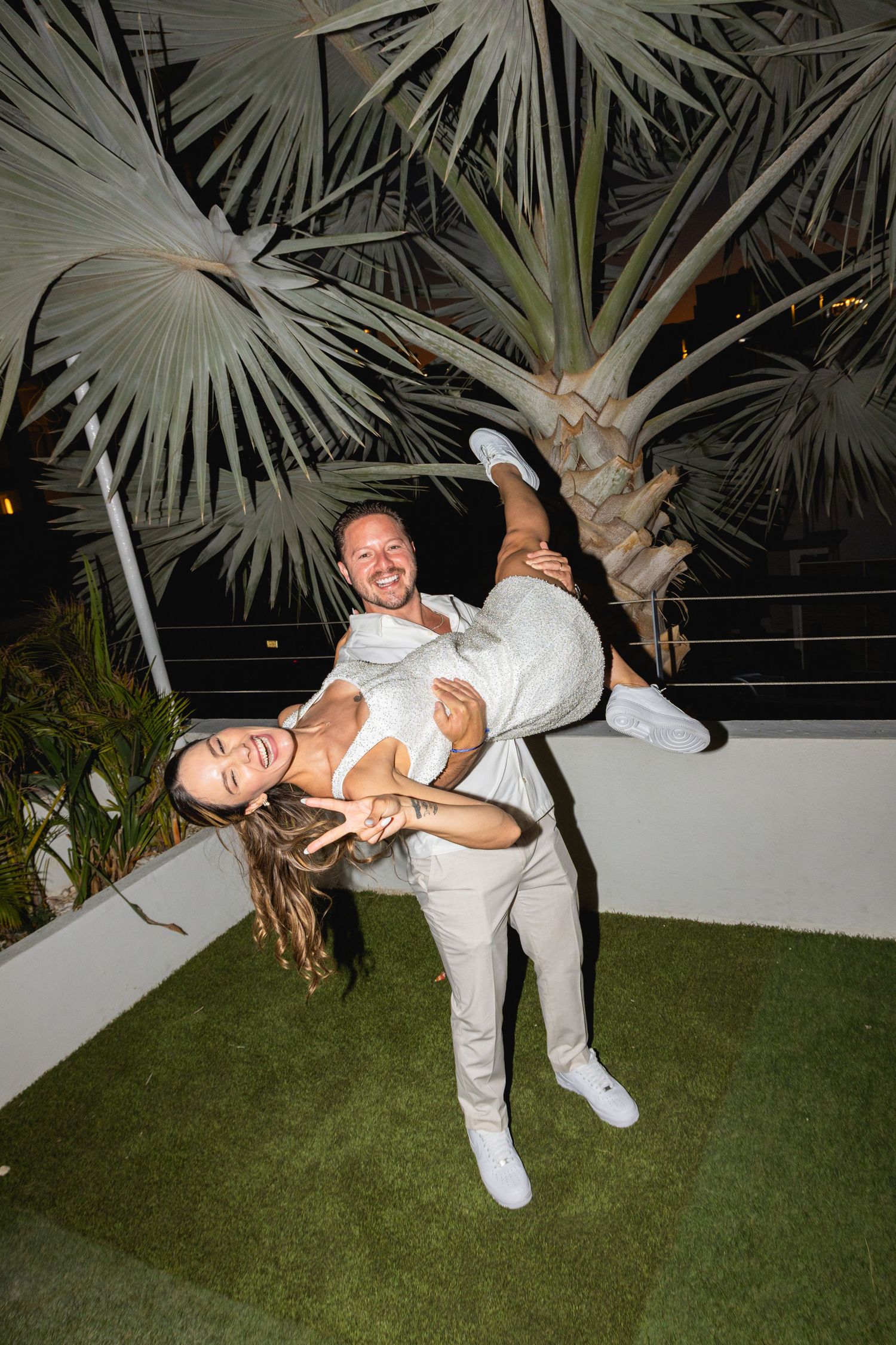 Dynamic dance moves captured in sequence against a tropical palm backdrop.
