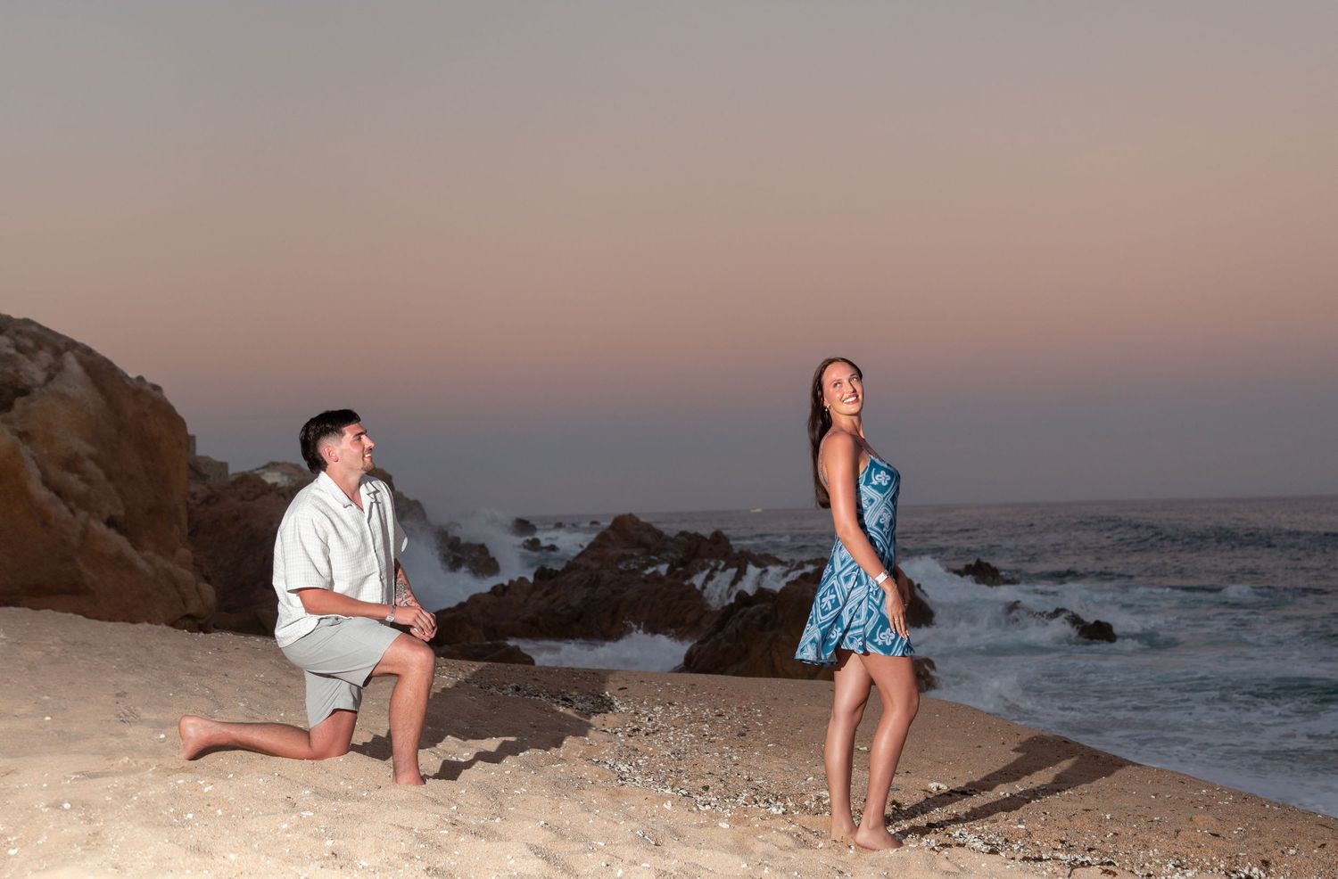 A series of coastal sunset photos showing people sitting and standing on rocks by the ocean at dusk.