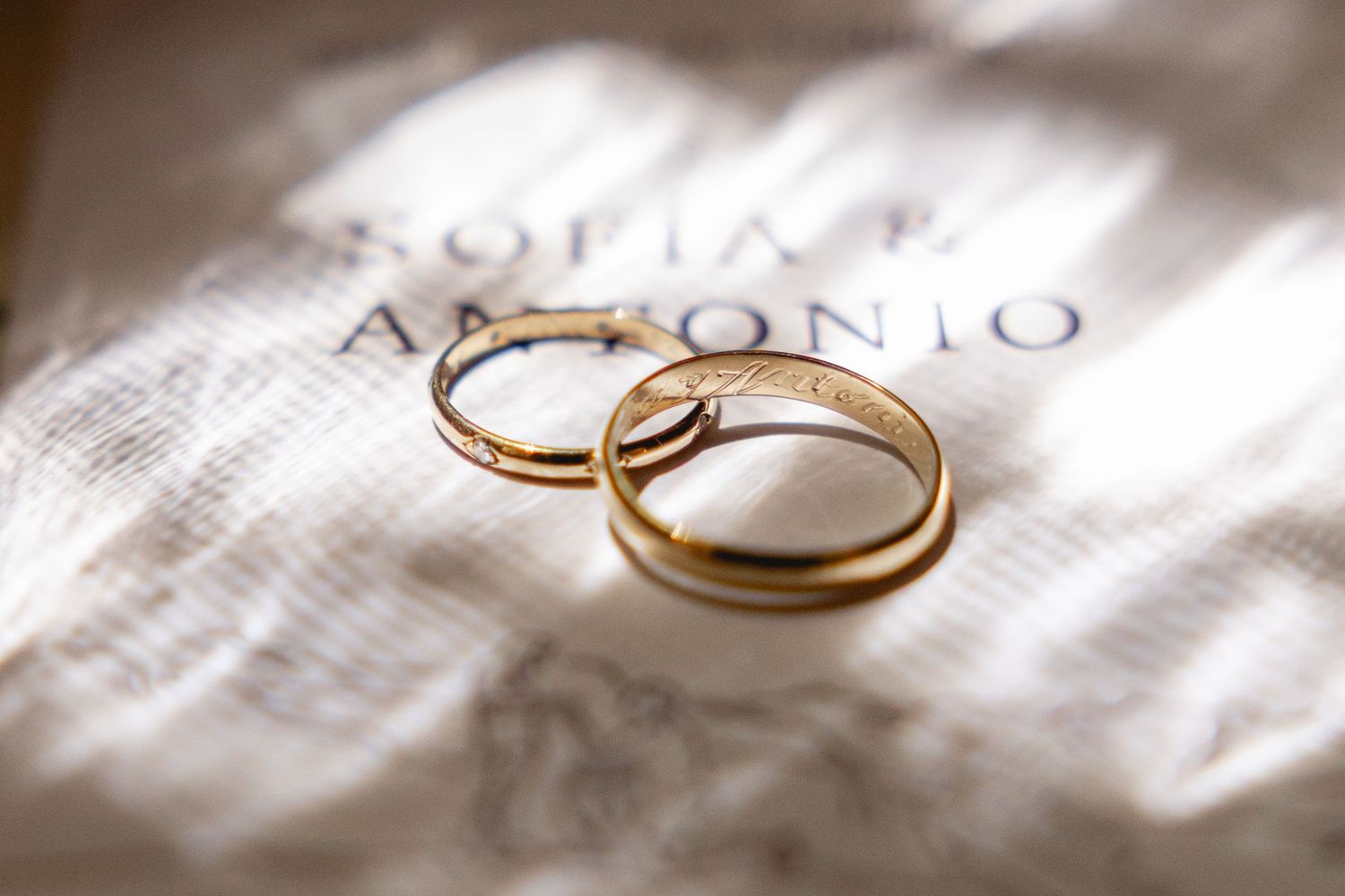 Wedding rings photographed with soft natural lighting and shadows.