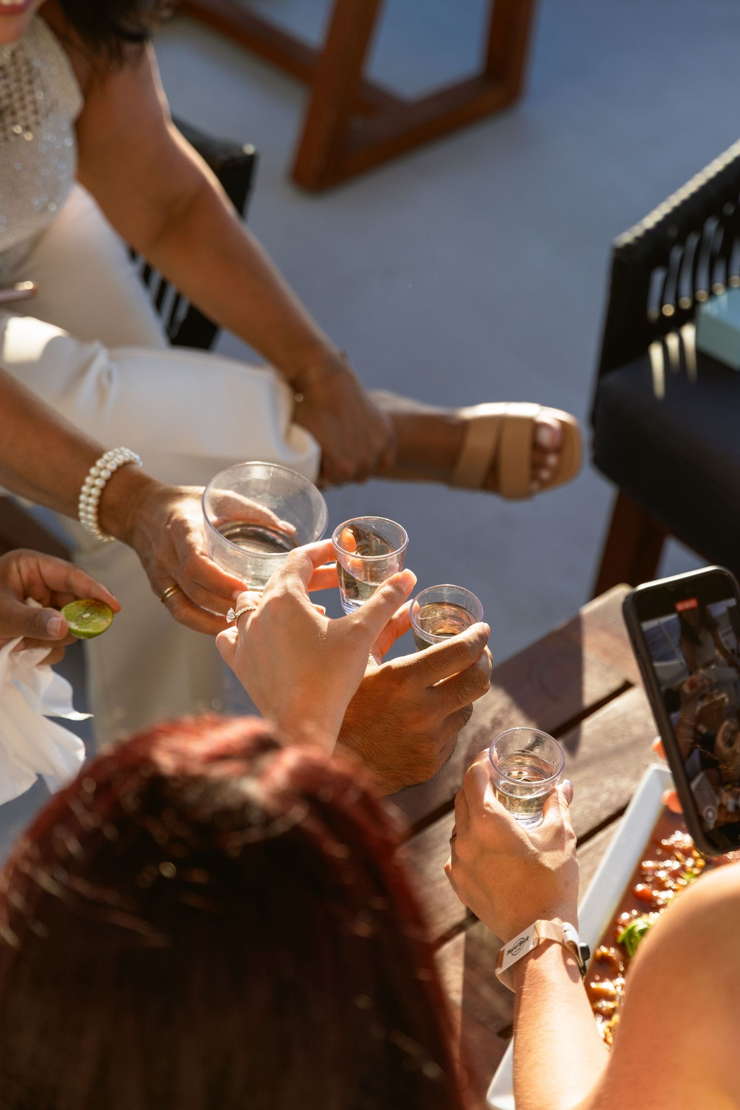 People raising wine glasses in a celebratory toast during a social gathering with warm sunlight streaming in.