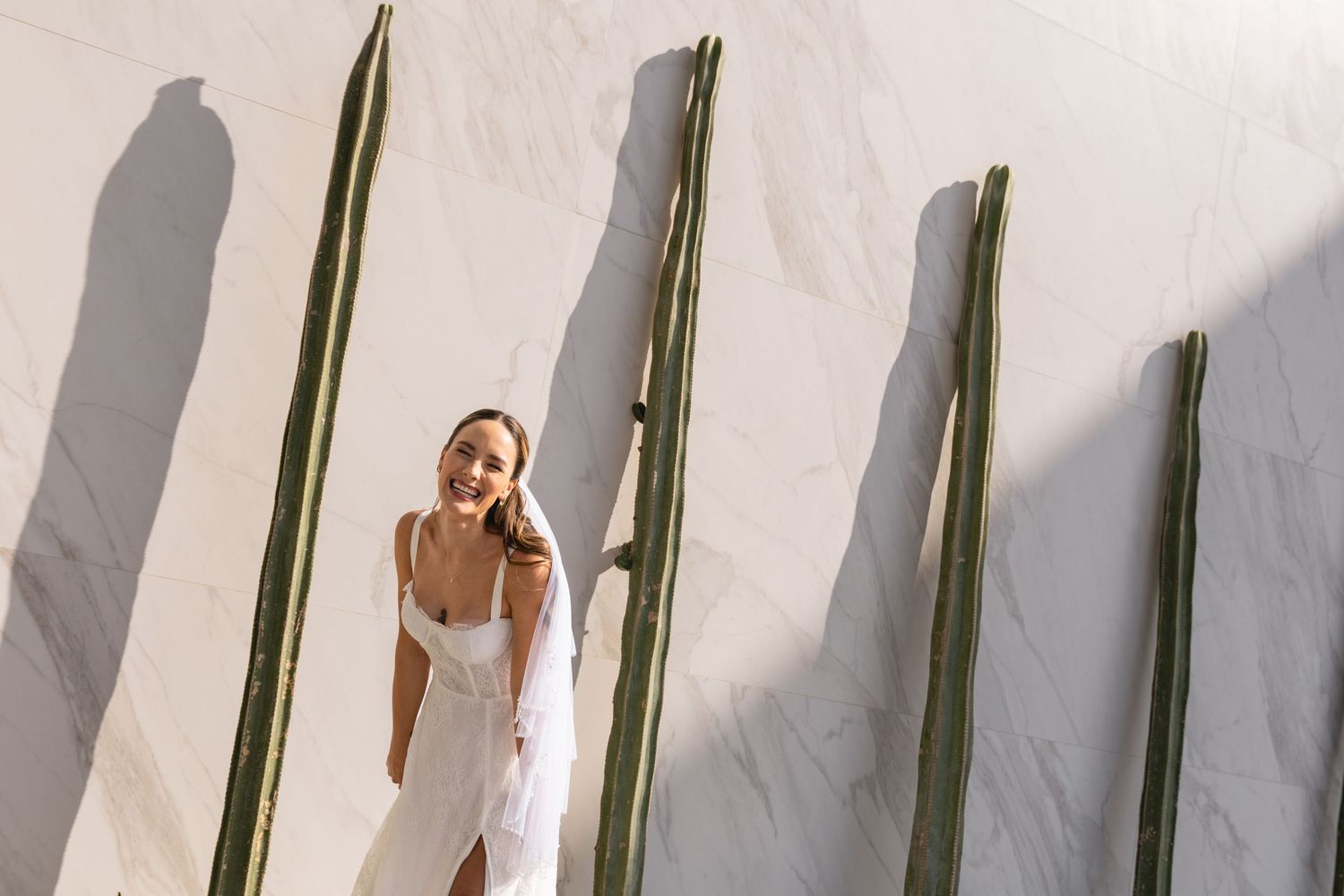 Elegant bridal portrait against white wall with vertical green plants creating shadows.