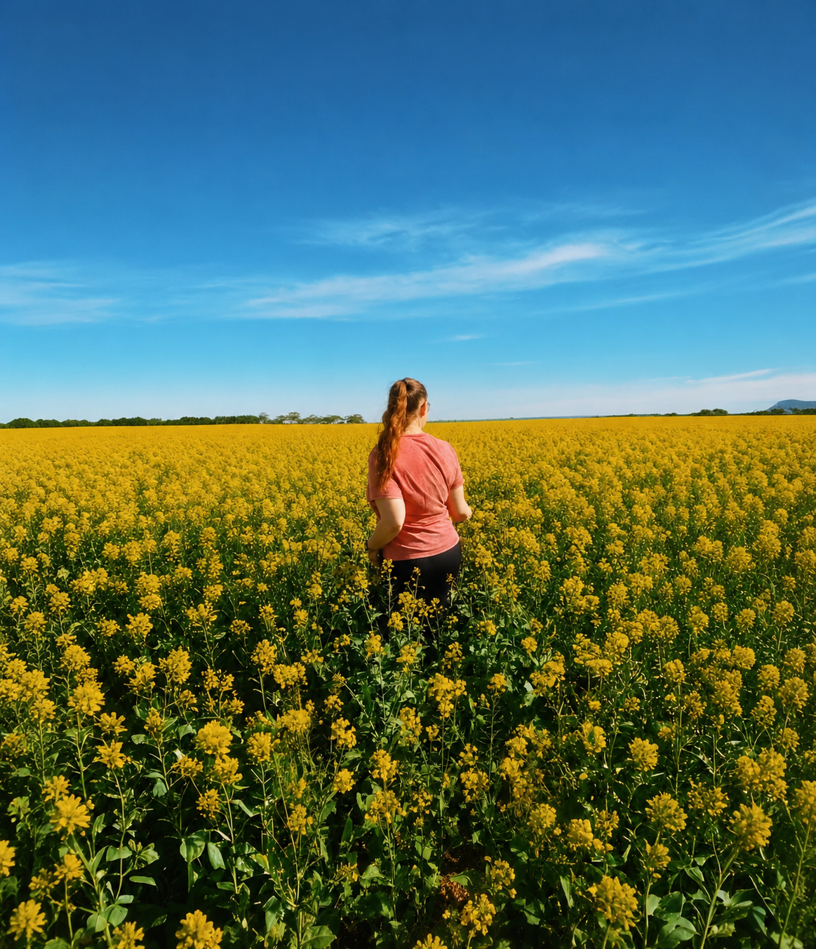 Woman standing in a vast yellow canola flower field under a bright blue sky on a sunny day.