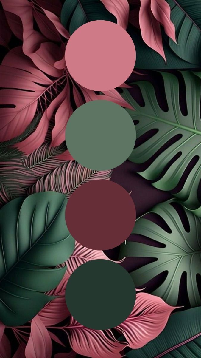 Tropical leaf pattern with pink and green monstera leaves, featuring a color palette of dusty rose, sage, and burgundy.