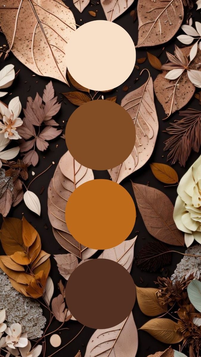 Autumn-inspired color palette with cream, brown, and burnt orange circles on a dark background surrounded by fall leaves.