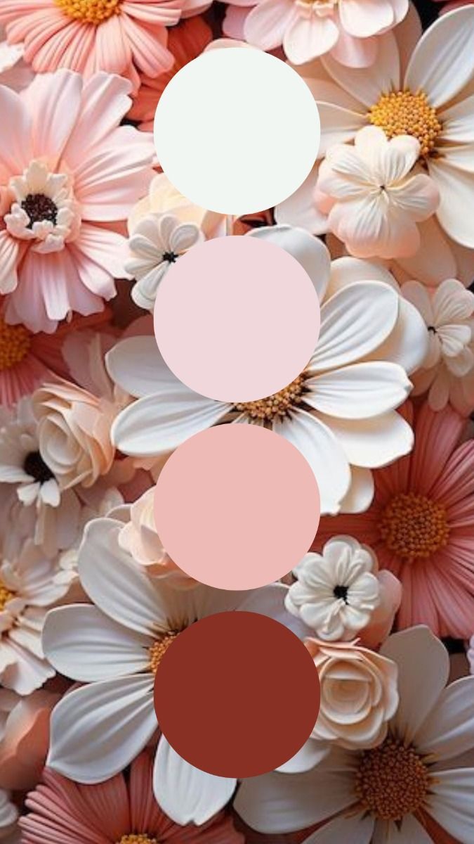 Floral color palette with white, blush pink, dusty rose, and terracotta swatches on a bed of pink and white flowers.