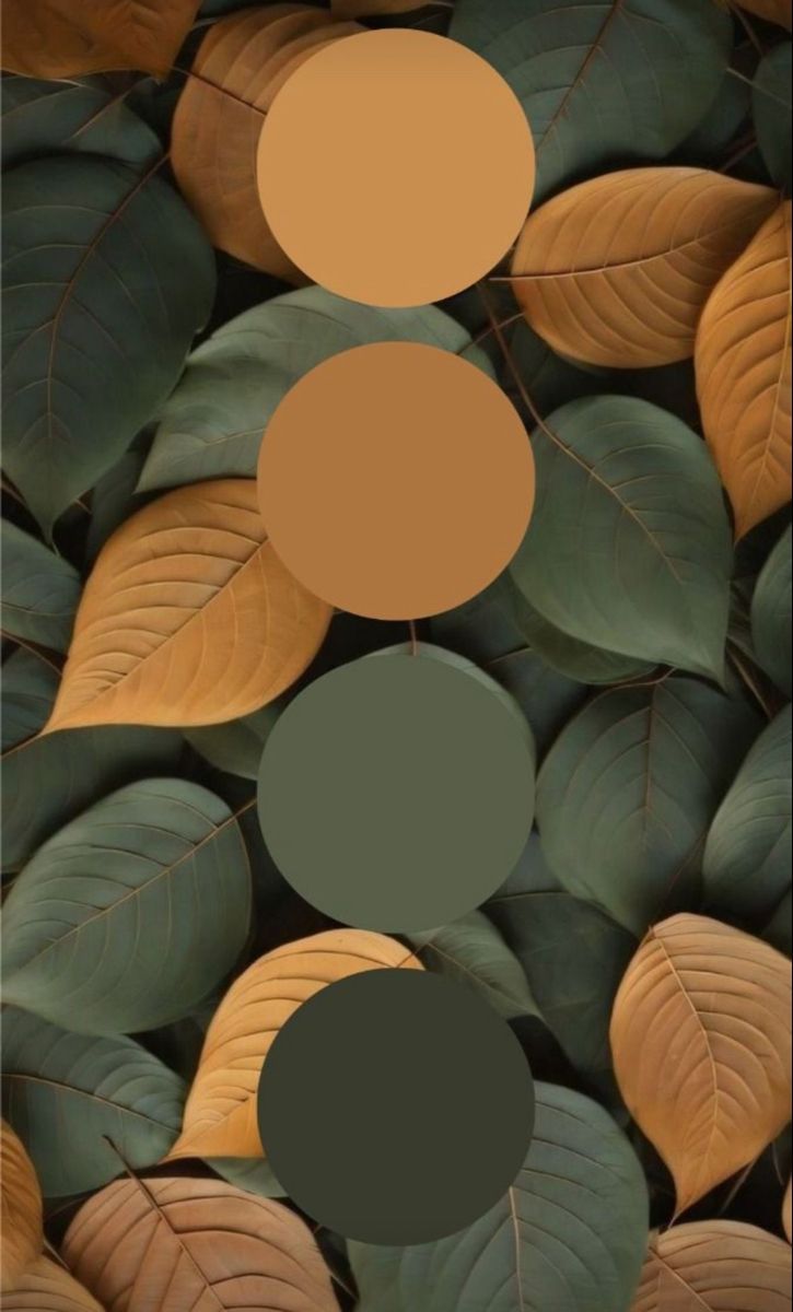 Autumn color palette with earthy tones featuring beige, brown, and olive green circles over lush golden and green leaves.