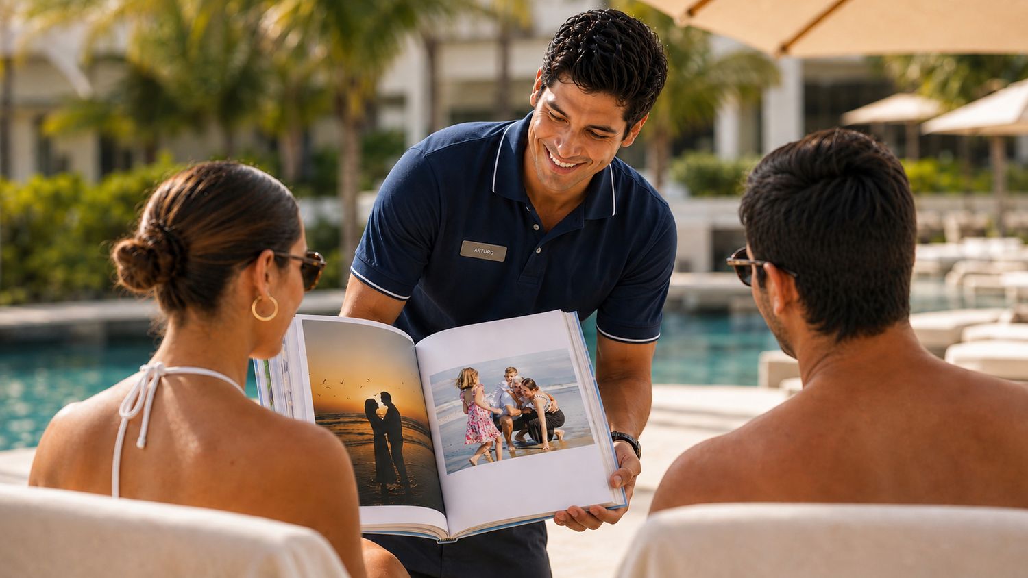Resort staff member showing a photo book to a couple relaxing by a luxury pool in a tropical setting.