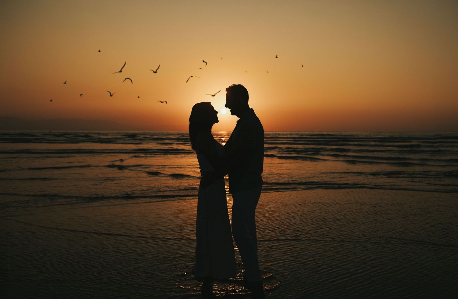 Silhouetted couple embracing on beach at sunset with birds flying overhead against orange sky.