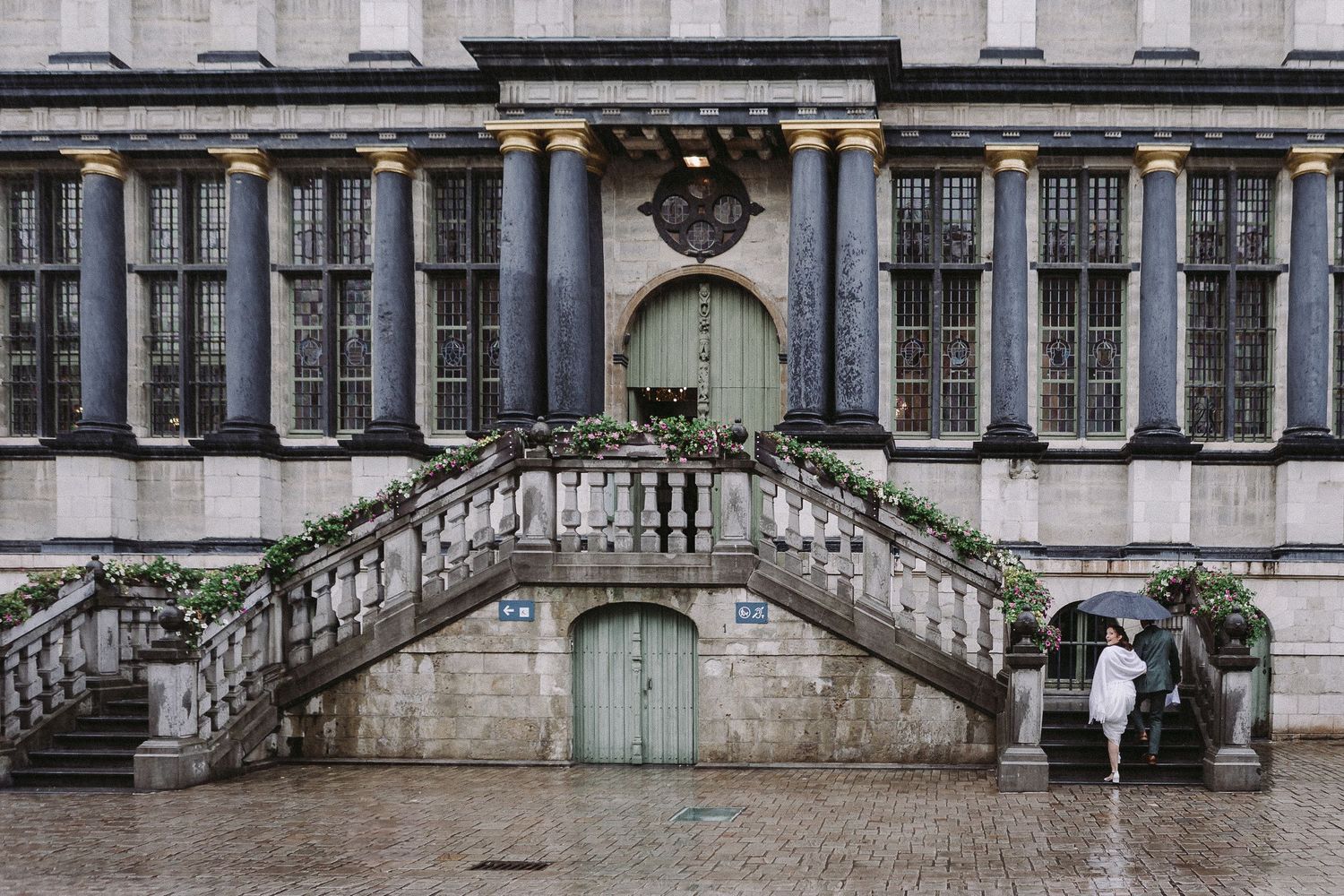 Six detailed views of ornate classical stone staircases with decorative railings and architectural details at a historic palace.