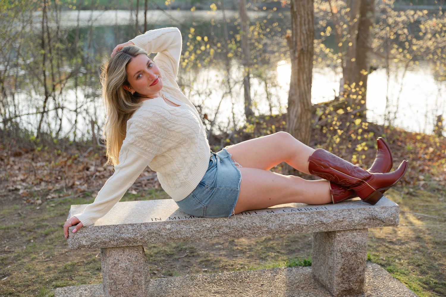 Lifestyle senior photography session in Massachusetts with candid outdoor portraits during golden hour.