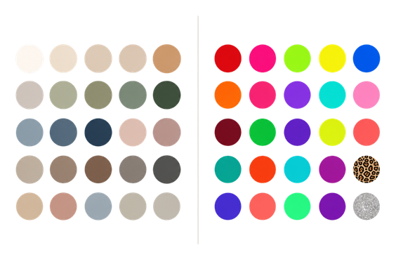 Two color palette grids side by side, one muted neutrals and one vibrant primary colors, for design inspiration.