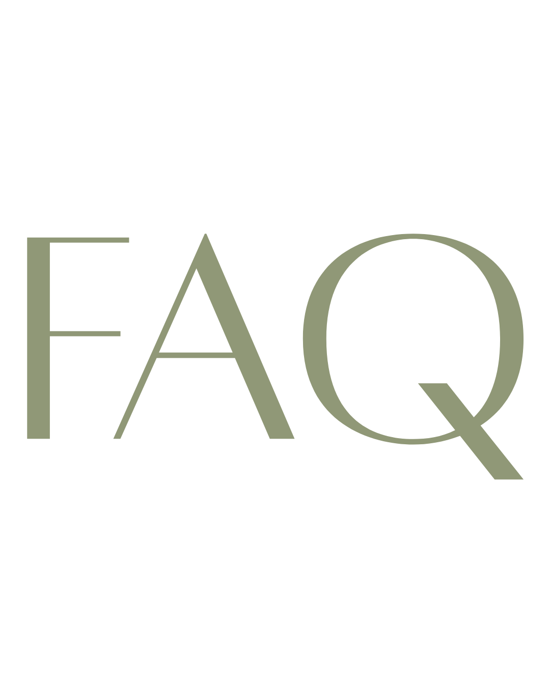 Elegant sage green FAQ text logo on white background for frequently asked questions section.