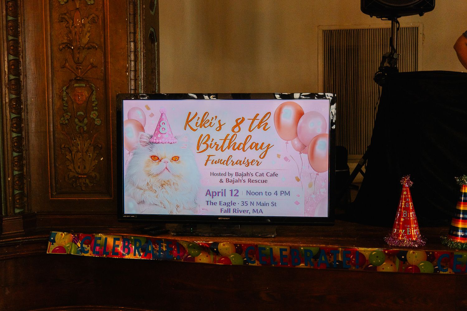 TV screen displaying Kiki's 8th Birthday Fundraiser event announcement with cat-themed party decorations.