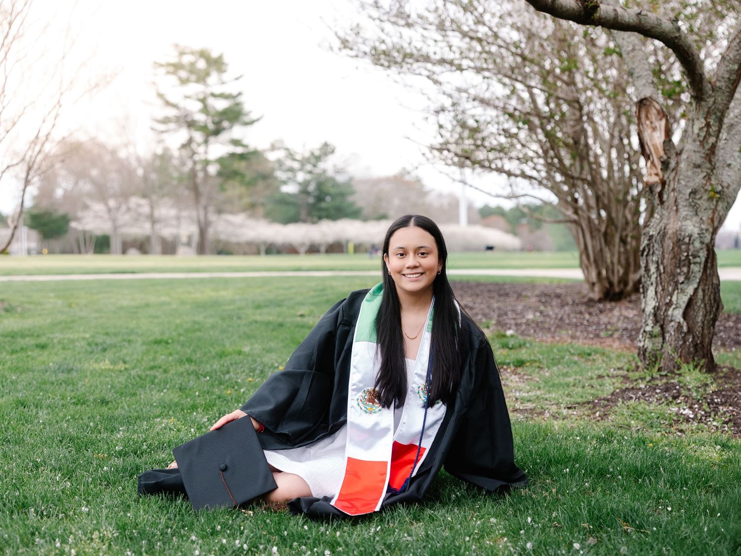 Smiling graduate in black gown sits on green grass holding cap near blooming trees.