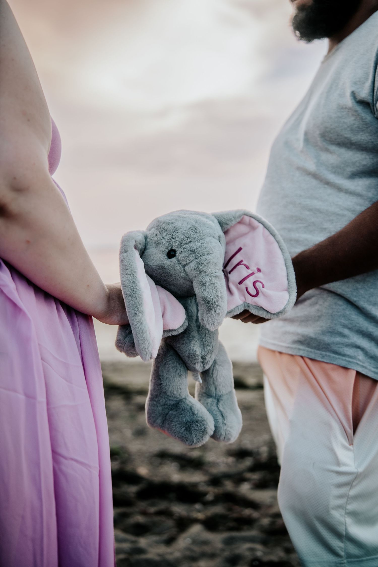Couple holding a personalized gray elephant stuffed animal named Iris on a beach at sunset.