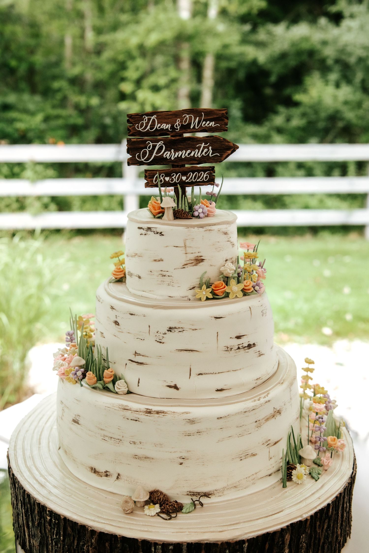 Rustic four-tier white birch wedding cake with floral accents on a tree stump, topped with a wooden sign reading Dean & Wren Parmenter.