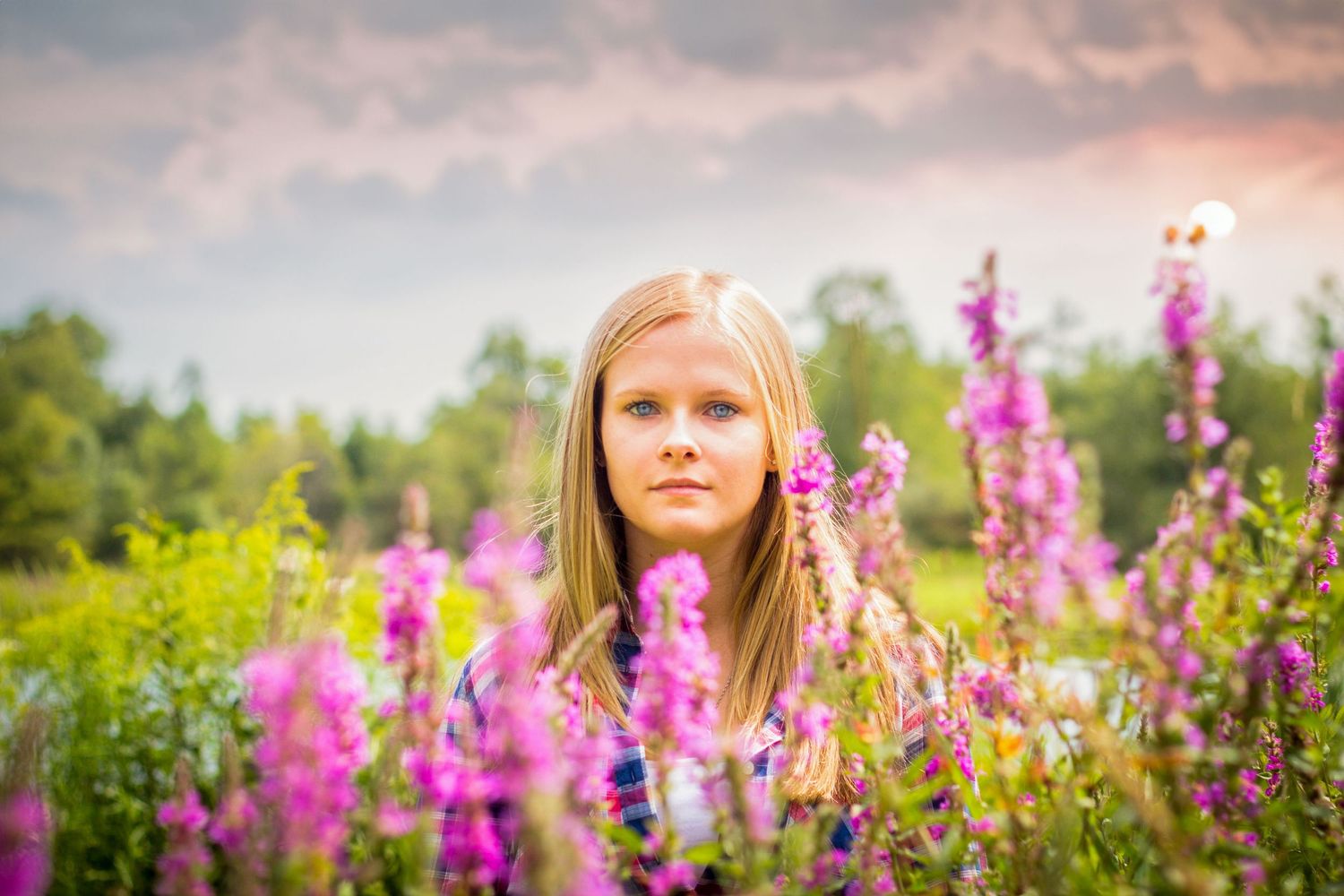A young blonde girl surrounded by vibrant pink wildflowers under a colorful sunset sky.